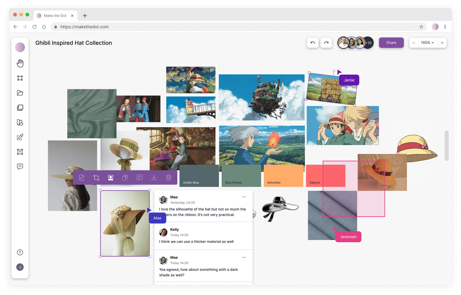 Digital collage of Ghibli-inspired hats and scenes with color swatches and user comments on hat design.