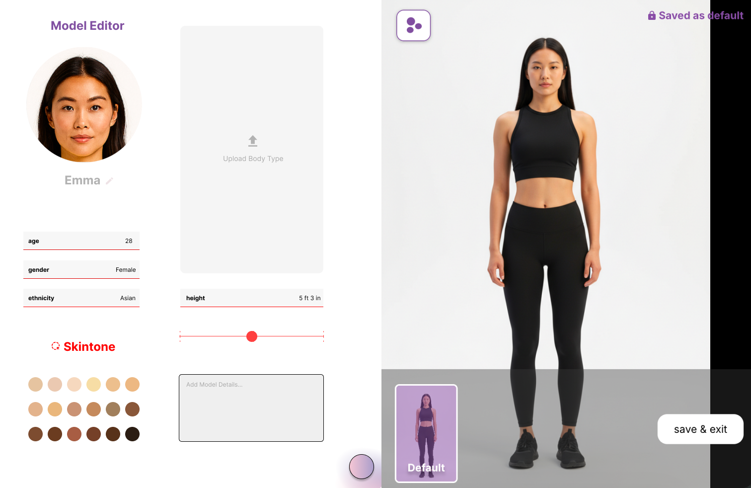 Digital model editor interface displaying an Asian female model named Emma, age 28, height 5 ft 3 in, with skintone options and a full-body image of the model in black athletic wear.