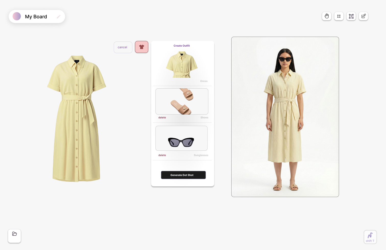 Digital outfit creation interface showing a yellow button-up dress with belt, beige sandals, and black sunglasses, alongside a model wearing the assembled outfit.
