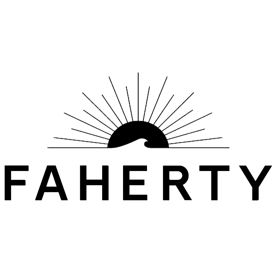 Faherty brand name with a stylized sunburst above the text.
