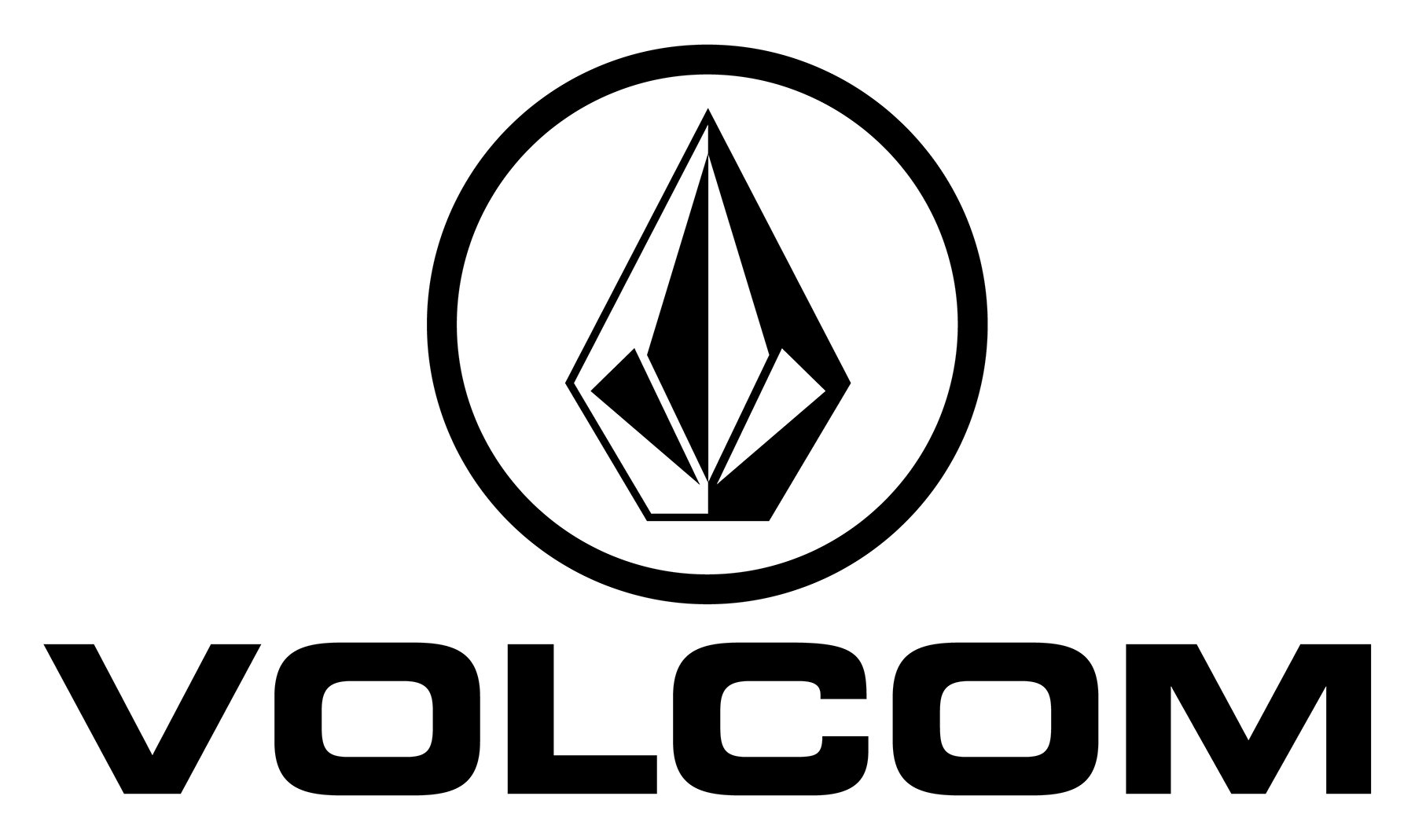 Volcom brand logo featuring a geometric stone emblem inside a circle above the word VOLCOM in bold black letters.