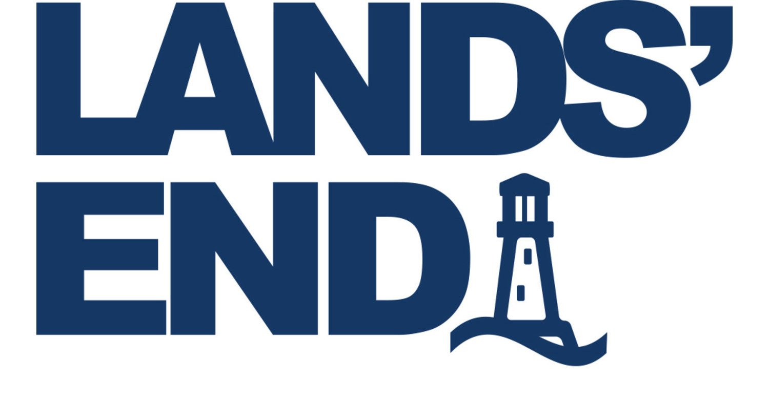 Lands' End Logo with bold navy blue text with a lighthouse icon integrated at the bottom right.