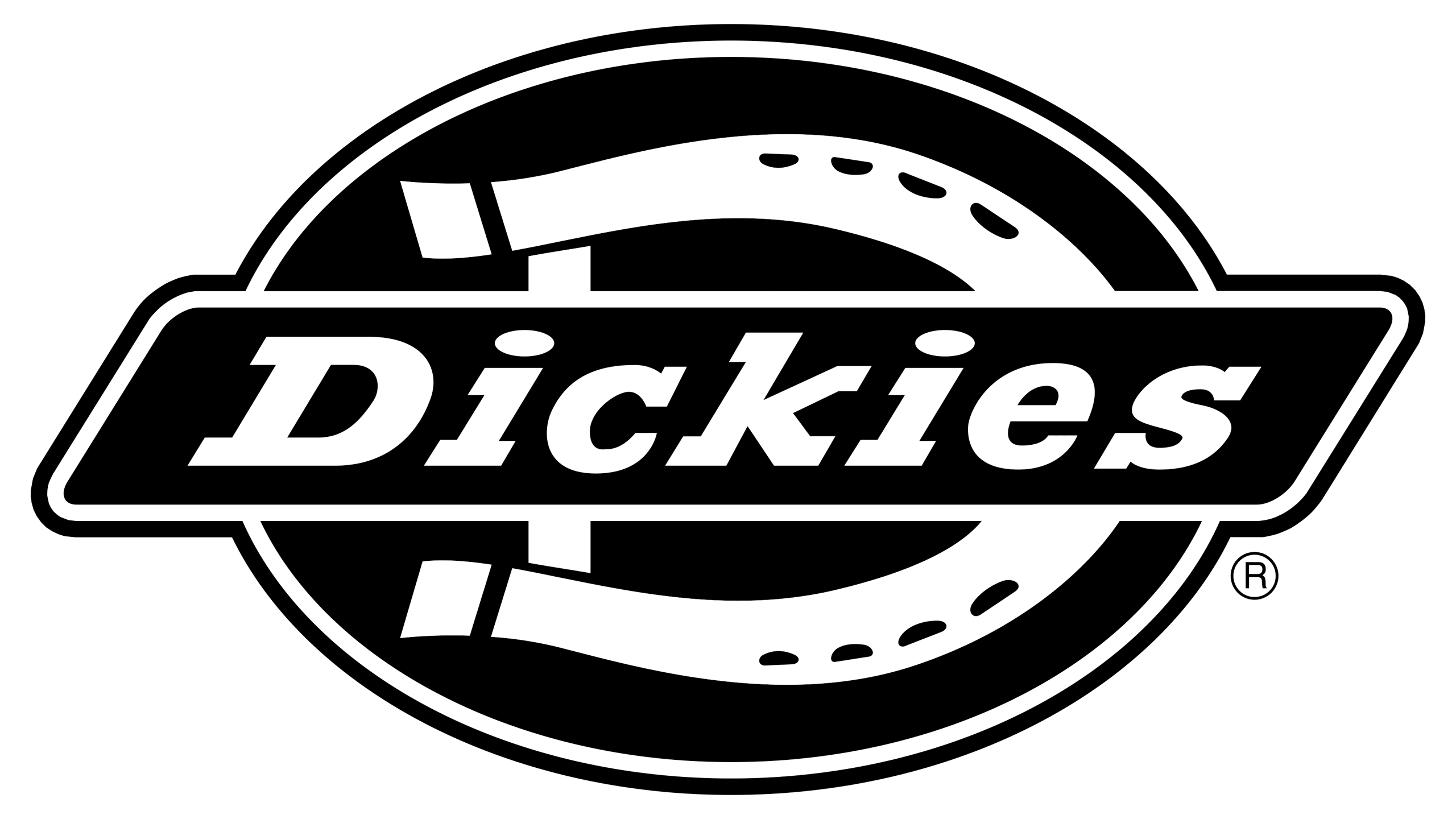 Dickies brand name in bold white font over a stylized horseshoe on a black background.