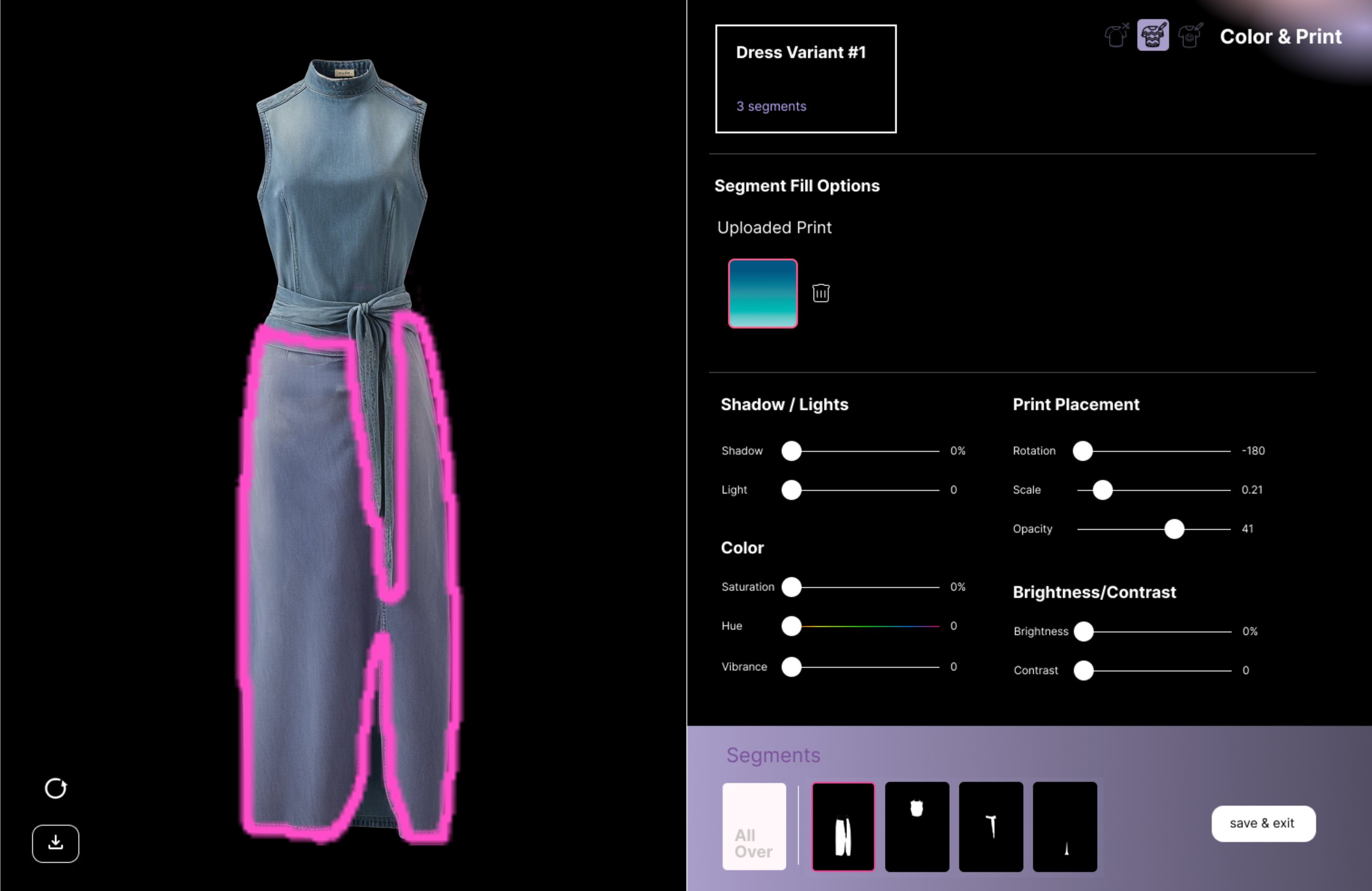 Digital interface for customizing a dress design with options for segment fill, shadow, light, color, print placement, and brightness/contrast adjustments.