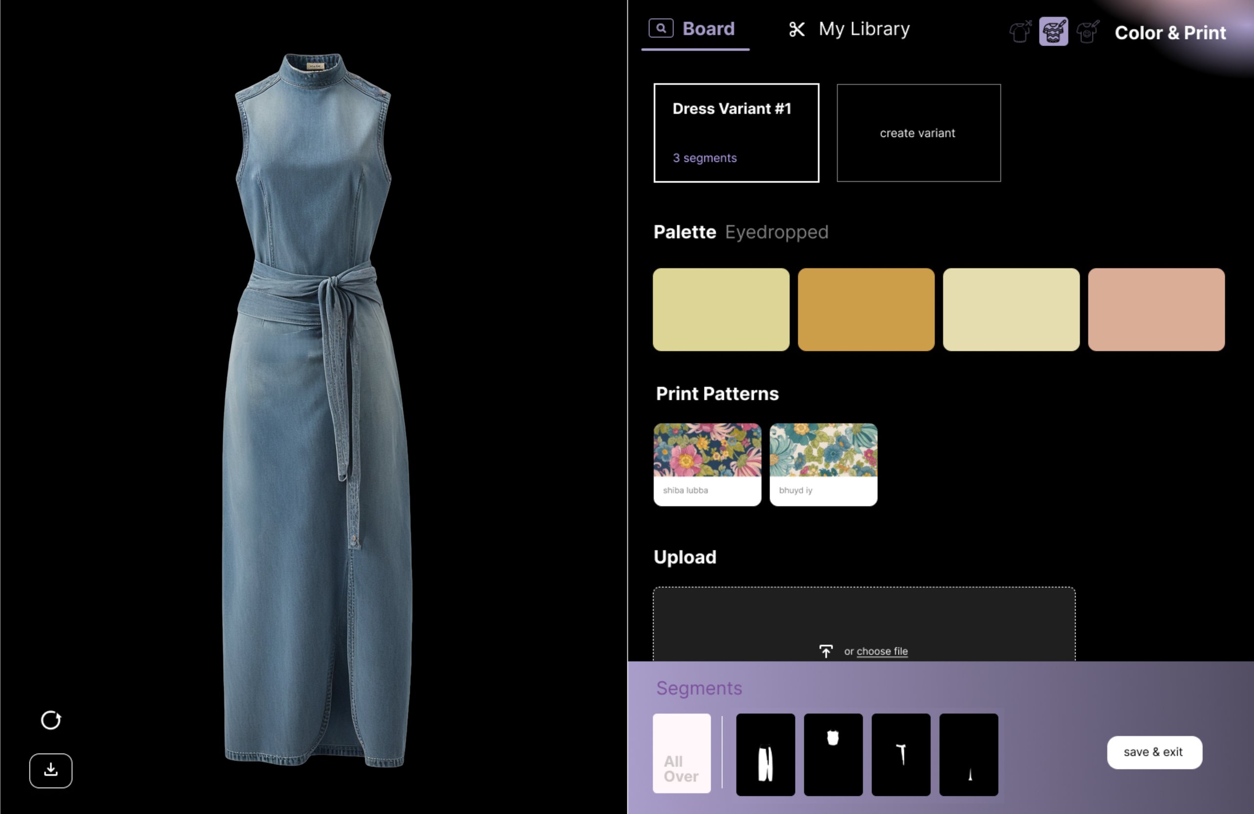 Blue sleeveless denim dress with a high neck and a tied belt at the waist displayed on a black background in a design interface with color palette and print pattern options.