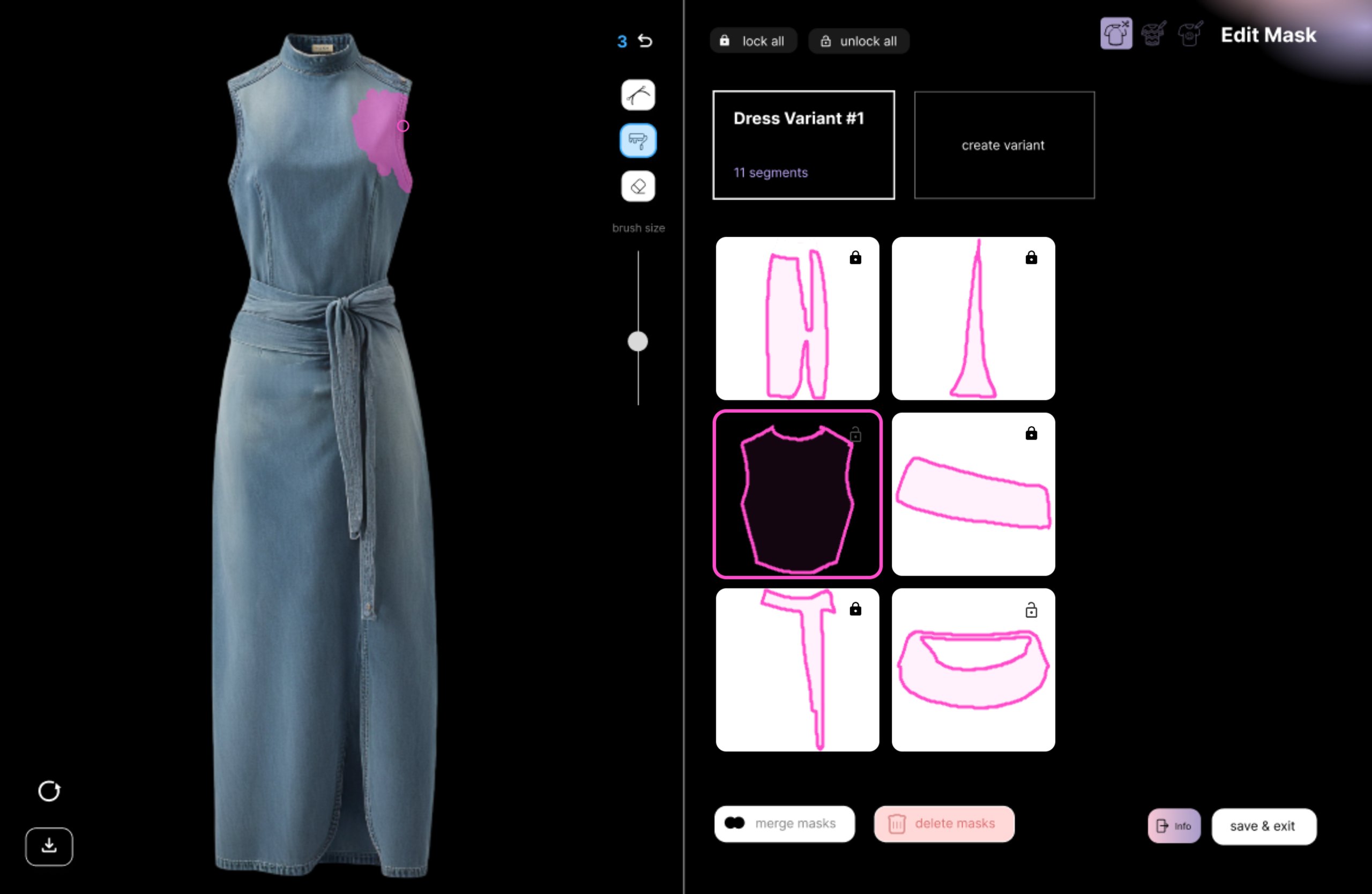 Blue sleeveless midi dress with a high neckline and tied waistband, displayed on a black background with a mask editing interface on the right.