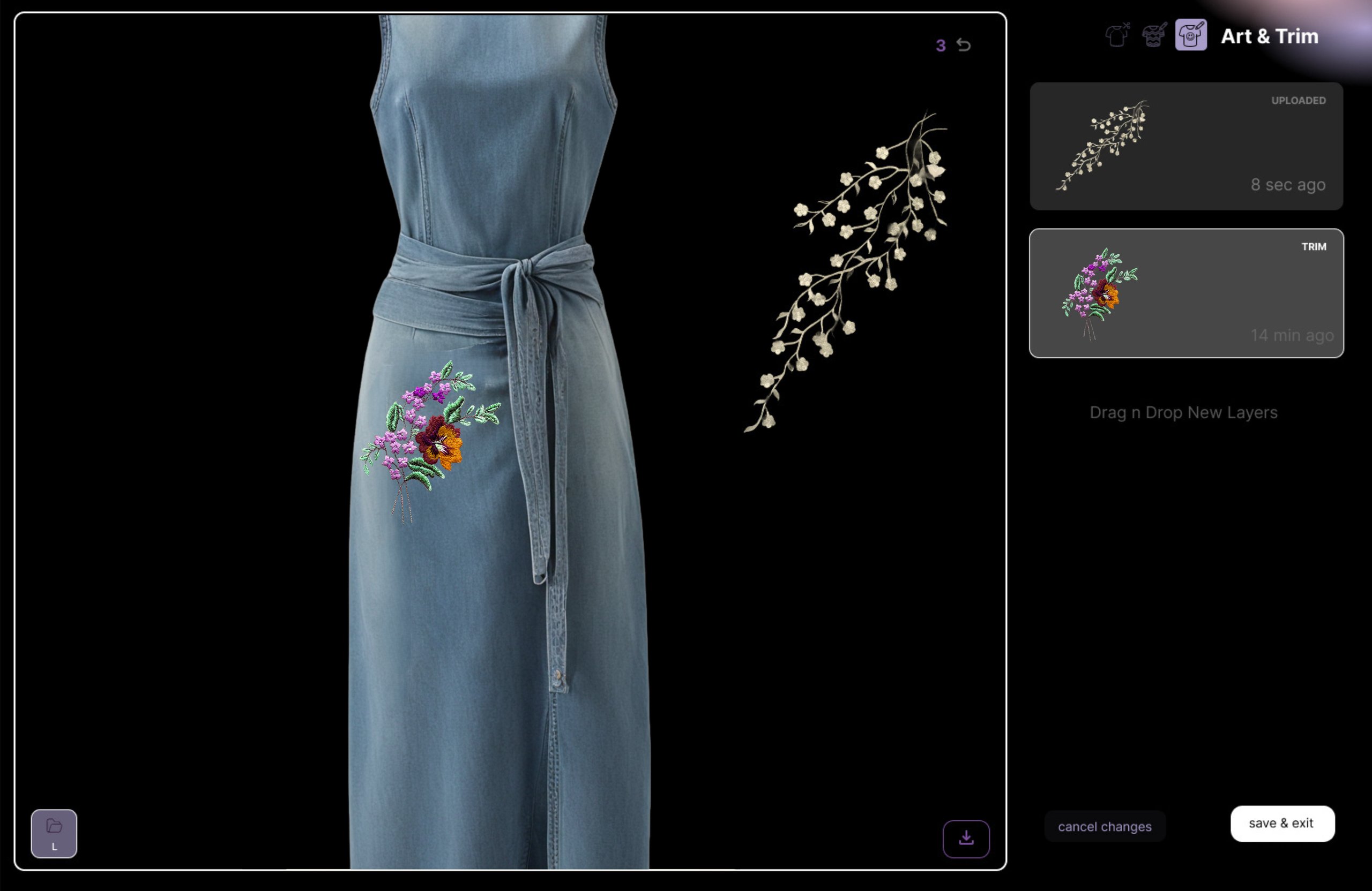 Denim dress with a tied belt and colorful floral embroidery on the hip, shown in a digital art and trim design interface.
