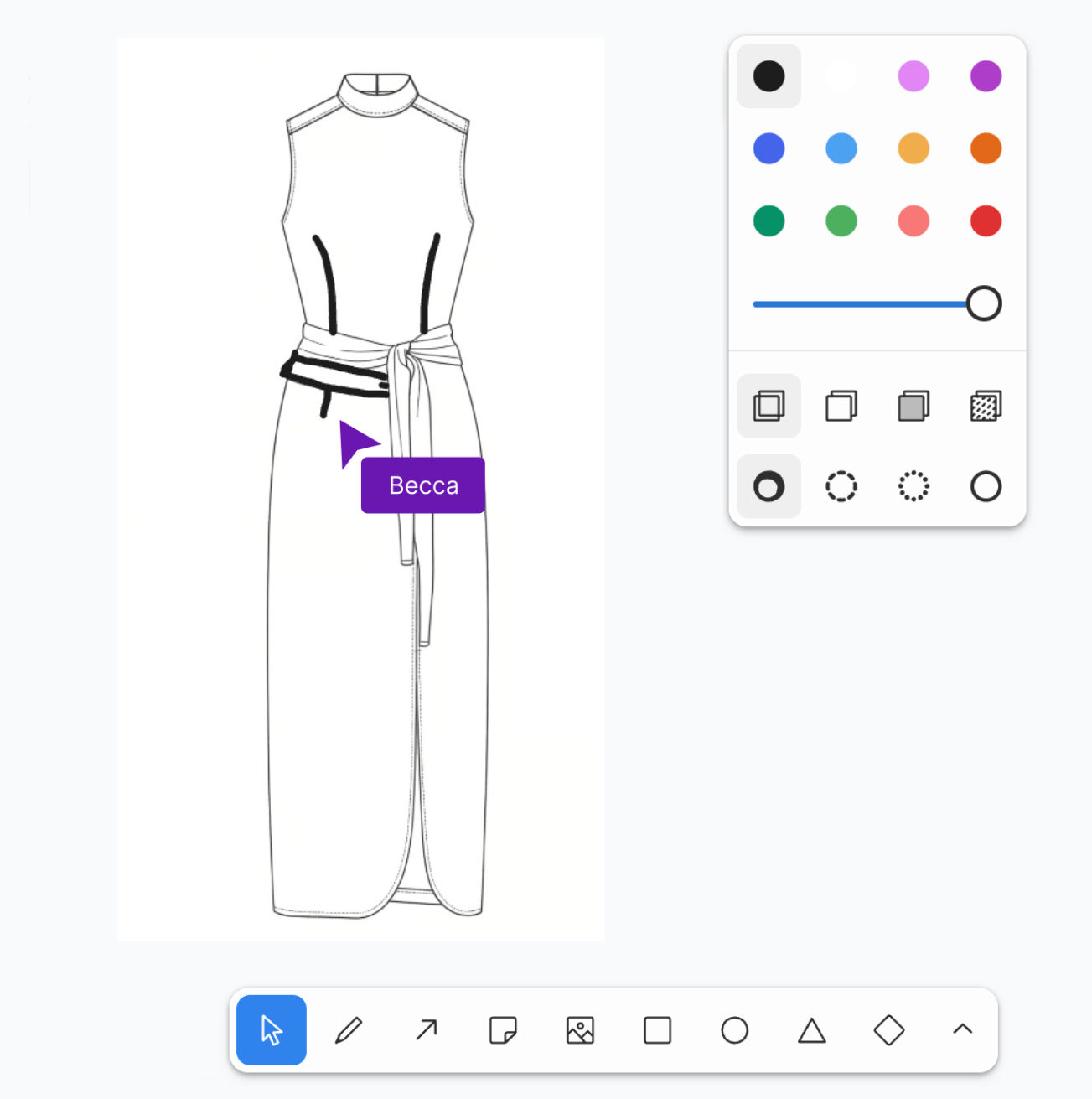 Black and white sketch of a sleeveless dress with a high collar and a tied waist belt, with a purple user cursor pointing to the waist reading 'Becca'.