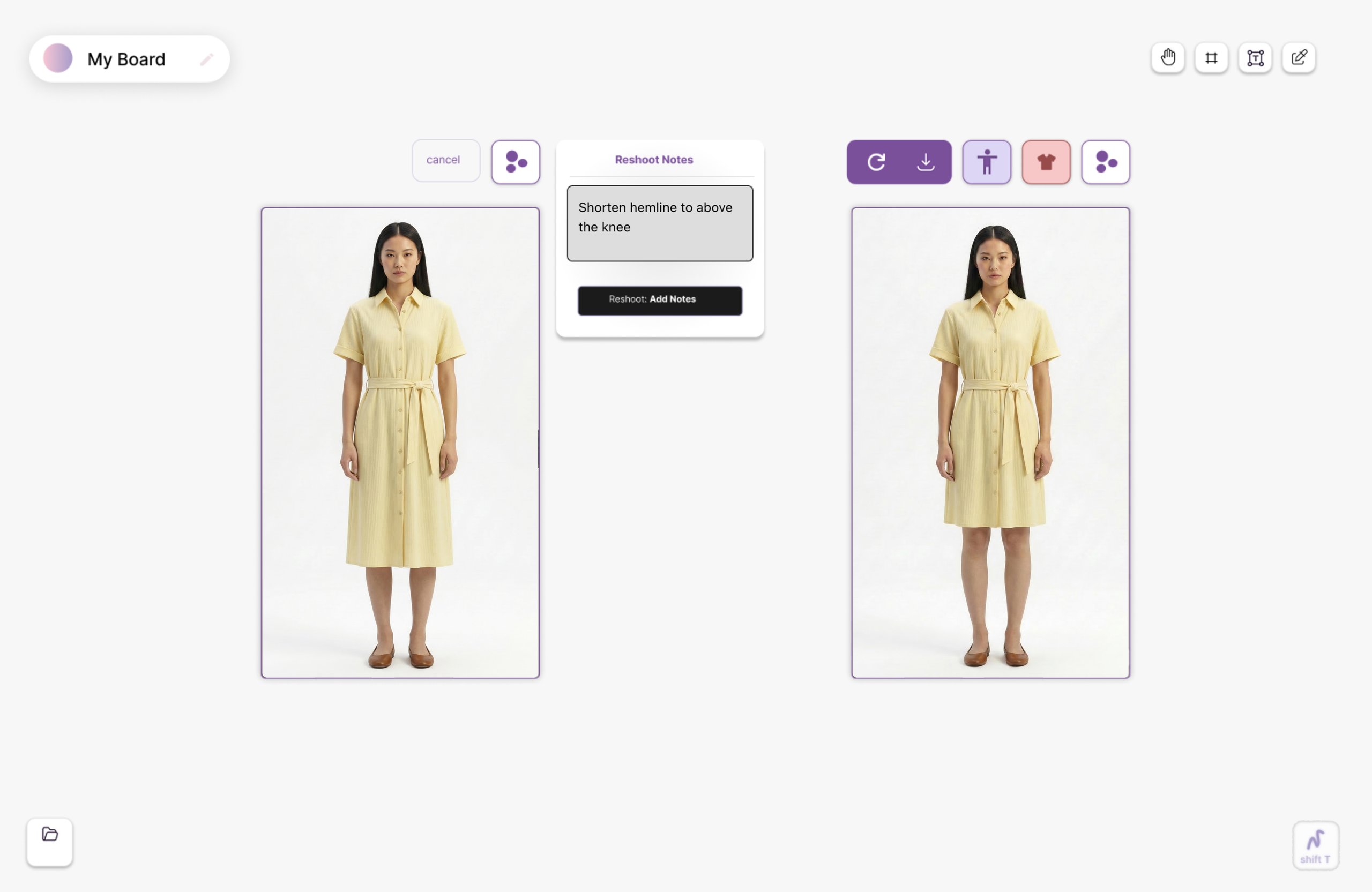 Comparison of a woman wearing a yellow buttoned dress with hemline at mid-calf on the left and shortened above the knee on the right with a note to shorten hemline above the knee.