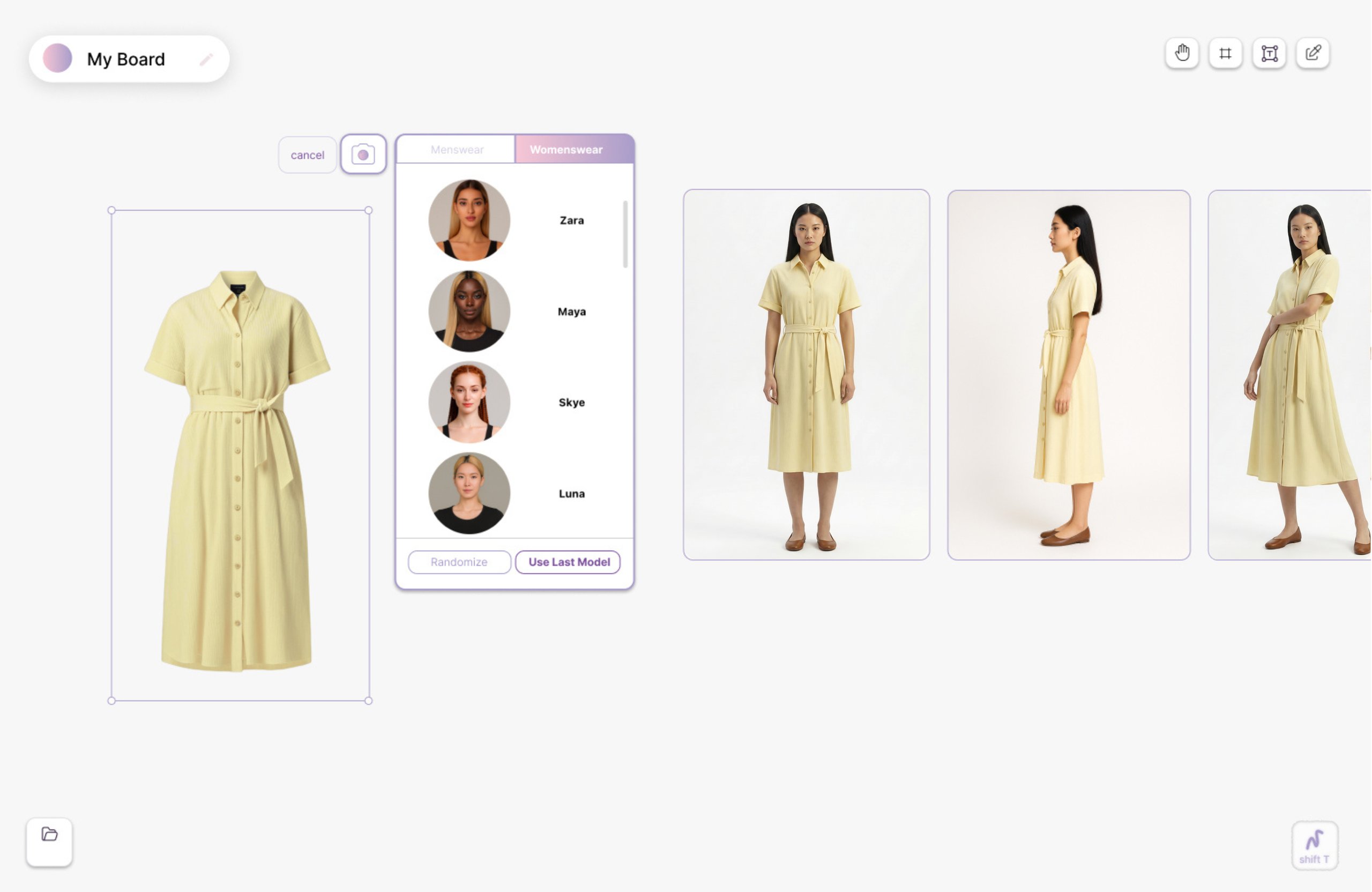 Digital board interface showing a pale yellow button-up dress with belt in front, side, and angled views, alongside a team collaboration chat with teammates working together.
