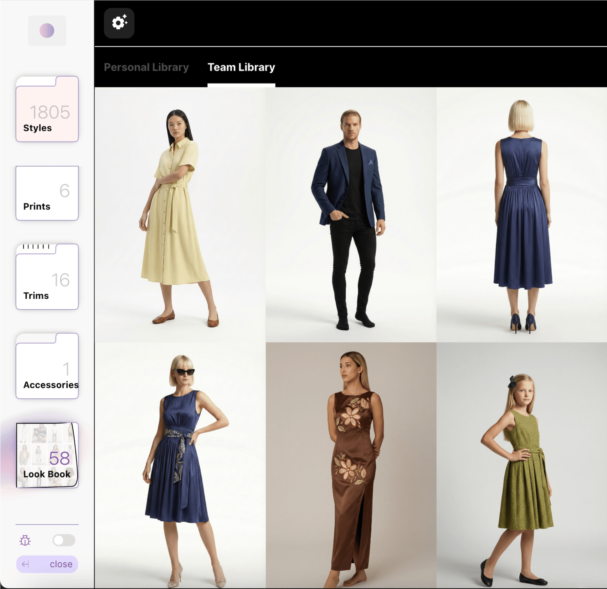 Fashion gallery showing six models wearing various dresses and a suit under Team Library tab.