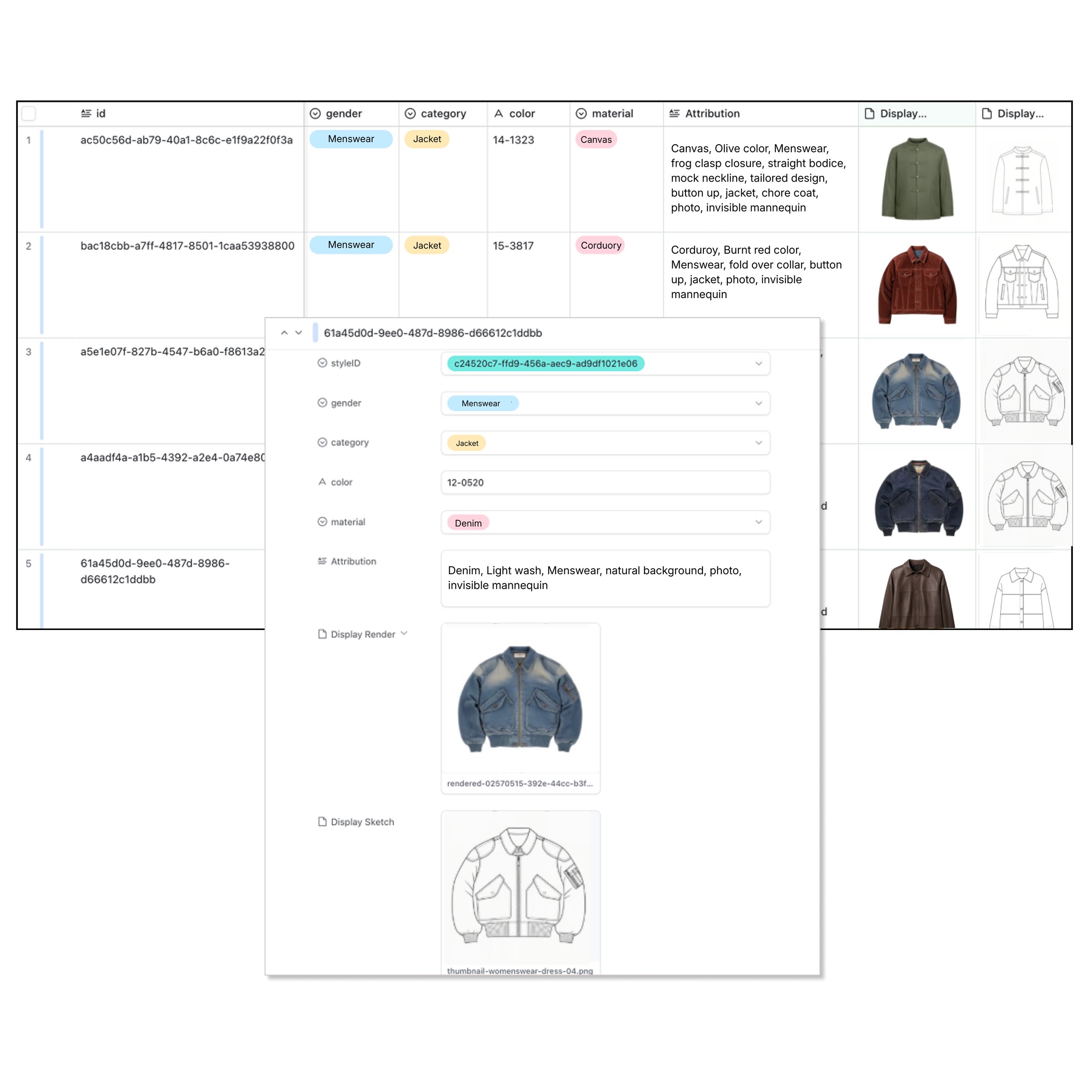 Data table displaying menswear jacket details including id, gender, category, color, material, attribution, and images of jackets and sketches.