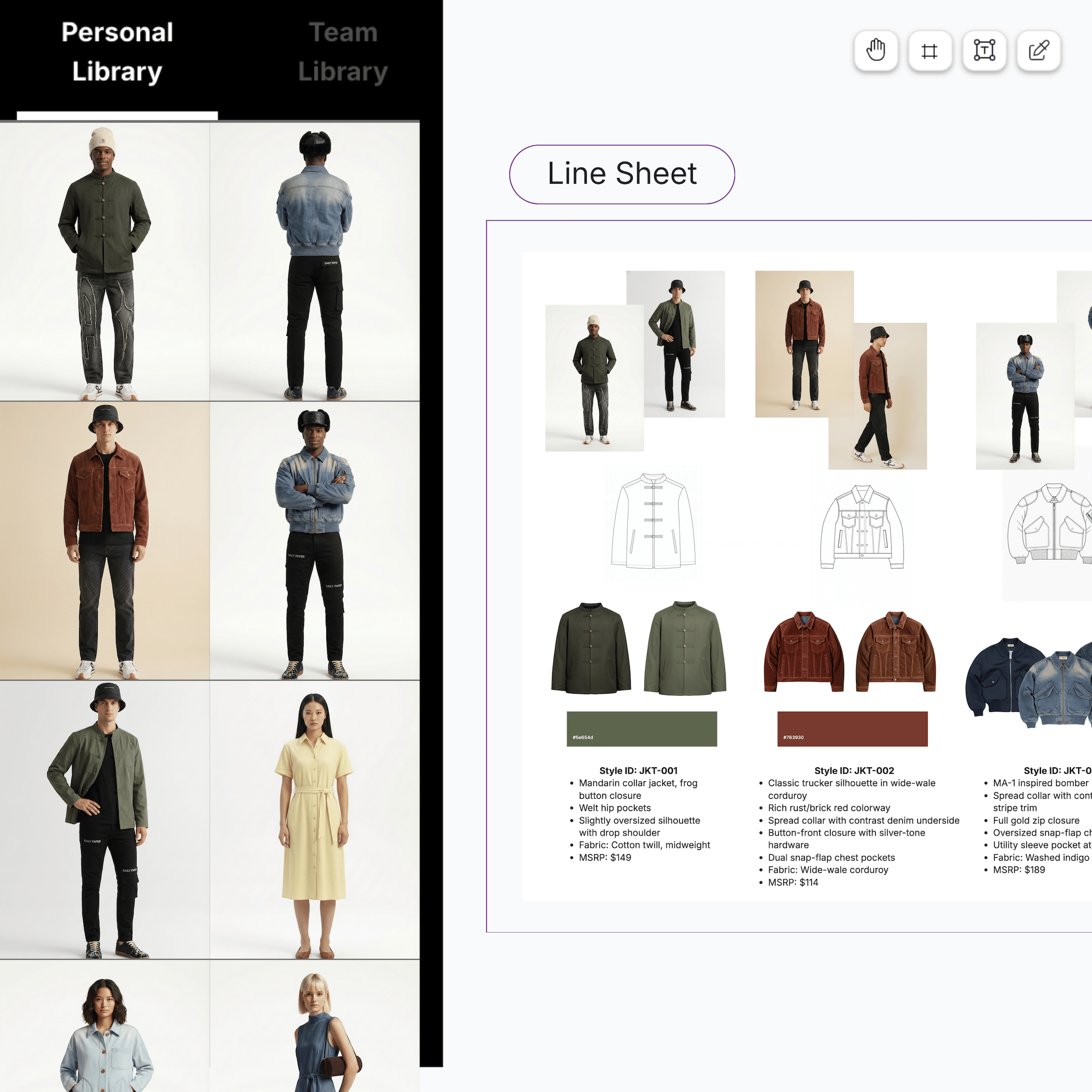Fashion line sheet showing models wearing various jackets and dresses with detailed style descriptions, color swatches, and front and back views.