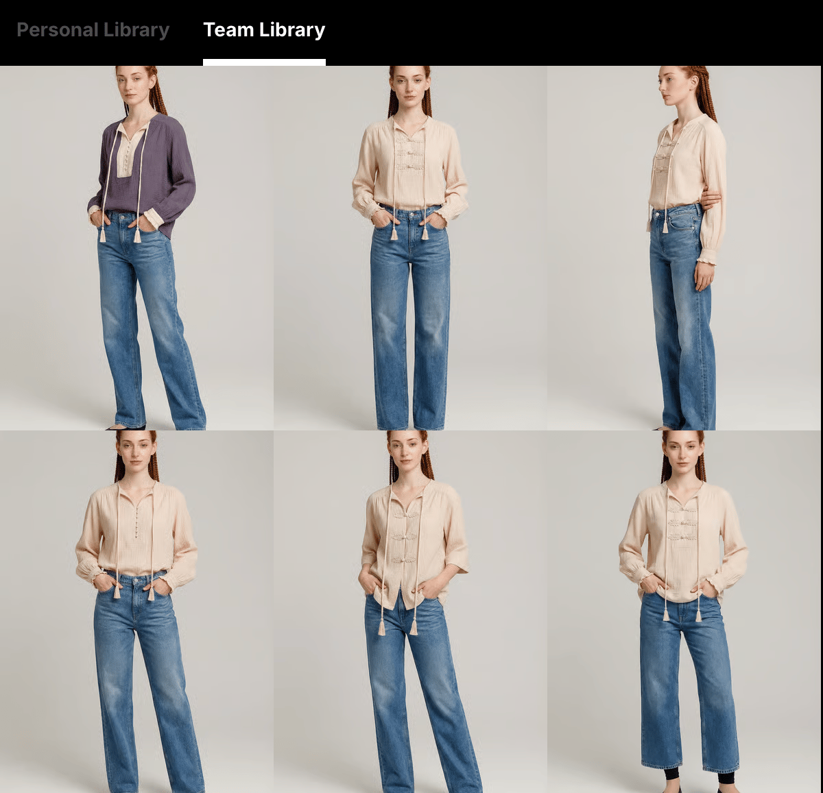 Platform interface of women and men modeling casual outfits featuring blue jeans and beige or lavender tops against a plain background.