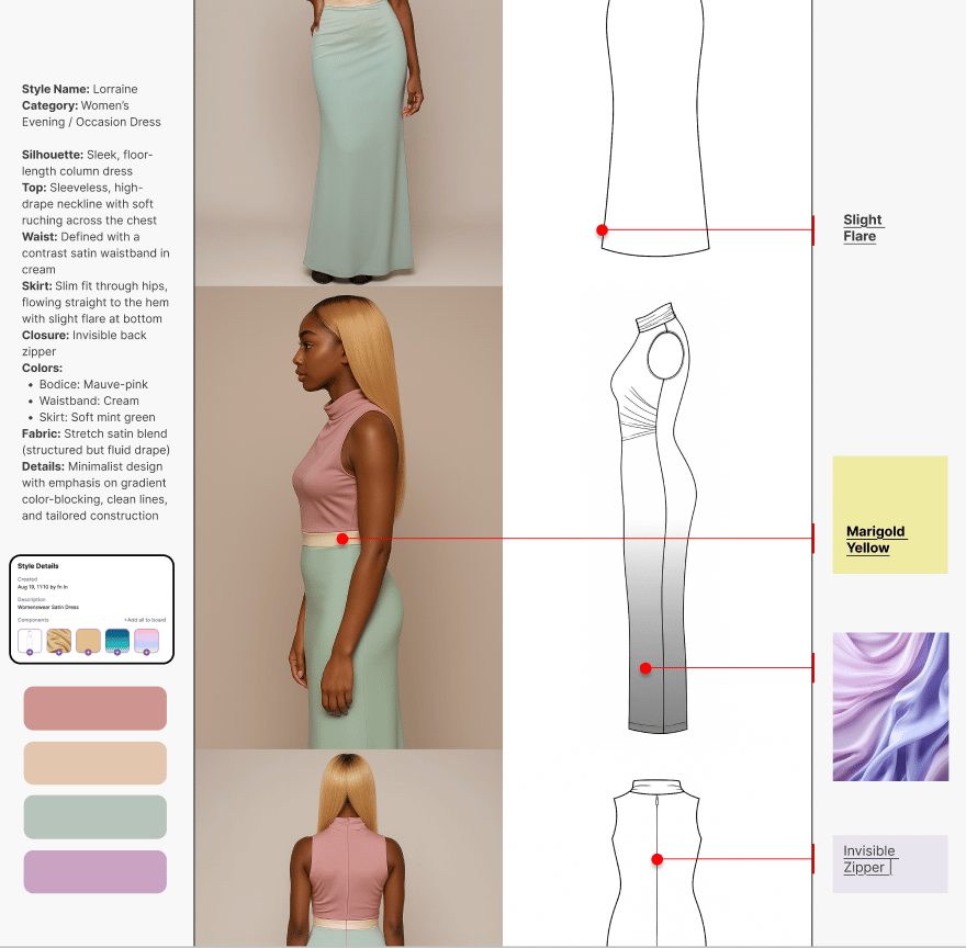 Three views of a model wearing a sleeveless mauve-pink top with high-drape neckline and soft ruching, paired with a soft mint green slim fit floor-length column skirt with cream waistband and slight flare, alongside technical sketches highlighting flare, waistband, and invisible zipper details.