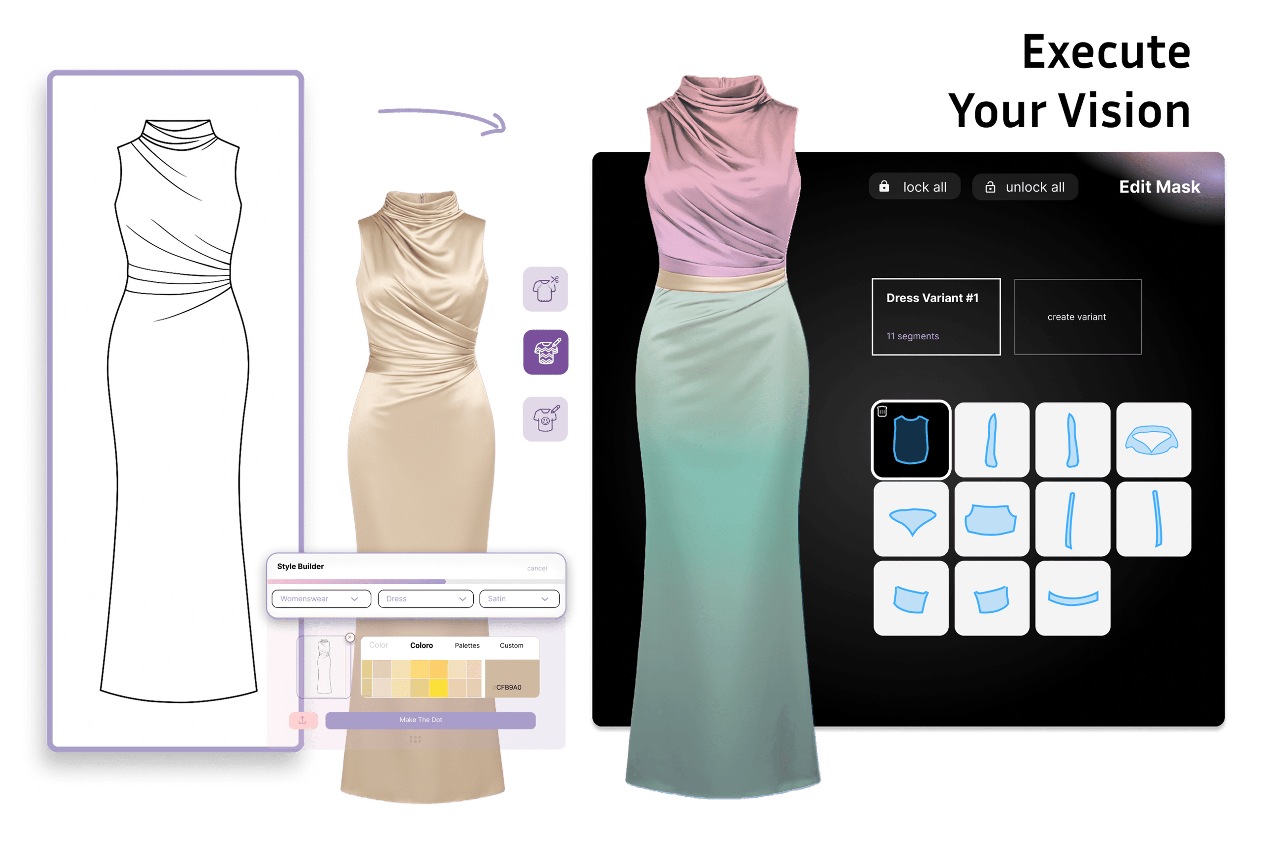 Digital fashion design interface showing a dress sketch, a satin dress rendering, color palette options, and a multi-segment dress variant editor.