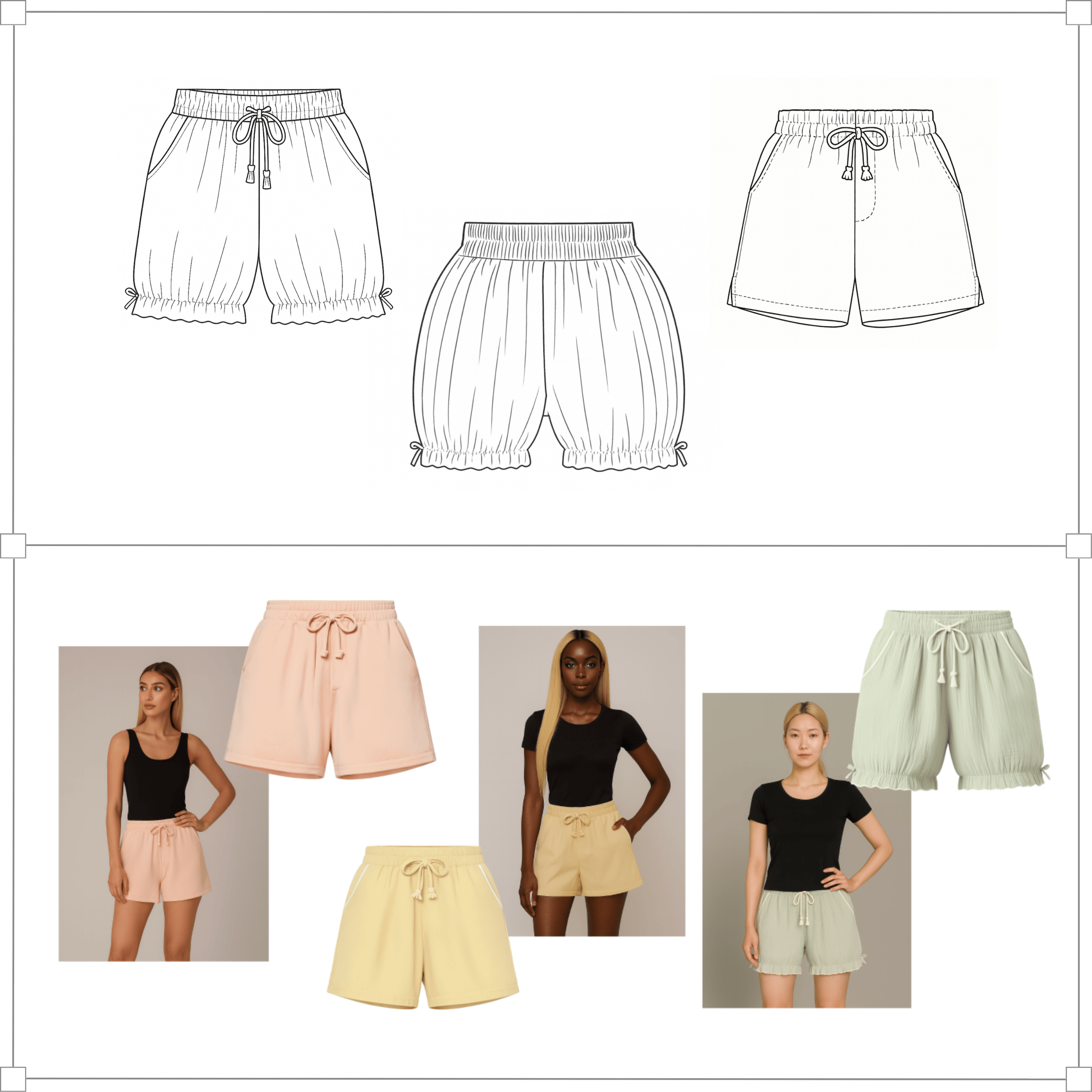 Top sketches show three designs of women's shorts with drawstrings and gathered hems; bottom photos display three women wearing similar styled pastel-colored shorts in peach, yellow, and light green with black tops.