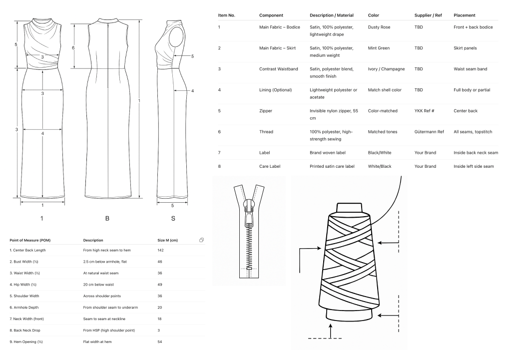 Technical flat sketches and detailed measurements of a sleeveless dress with crisscross bodice, including a materials and components table with fabric, zipper, thread, and labels specifications.
