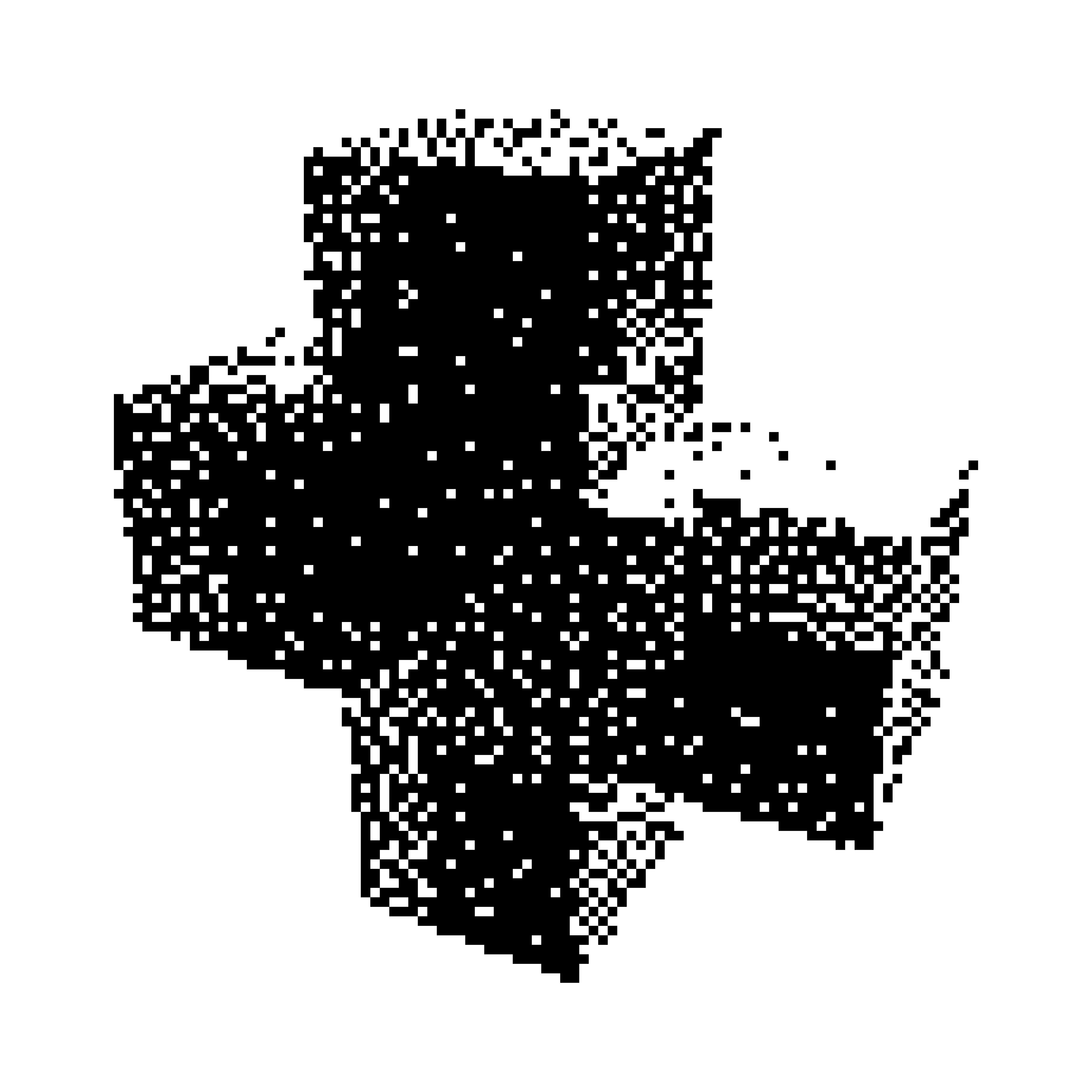 Black and white pixelated abstract shape resembling two connected loops or donuts.