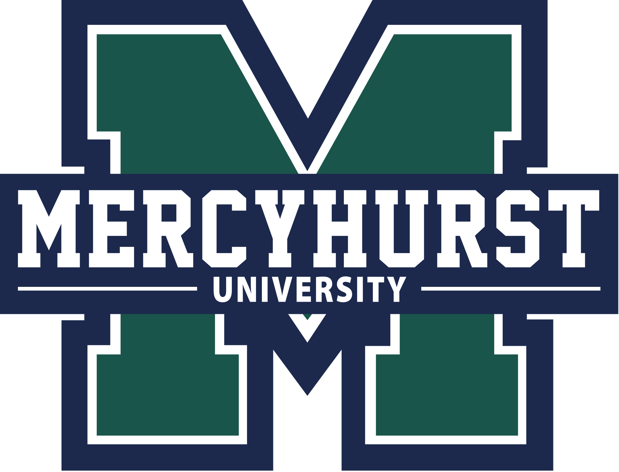 Mercyhurst University logo with a large green and navy outlined M behind the university name.