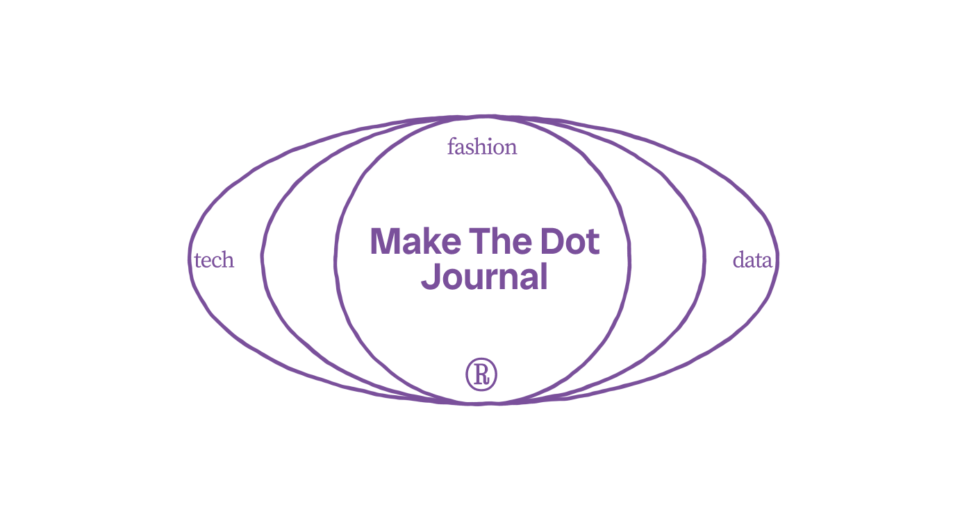 Purple overlapping ovals with the words 'Make The Dot Journal' in bold at the center, surrounded by 'fashion', 'tech', and 'data'.