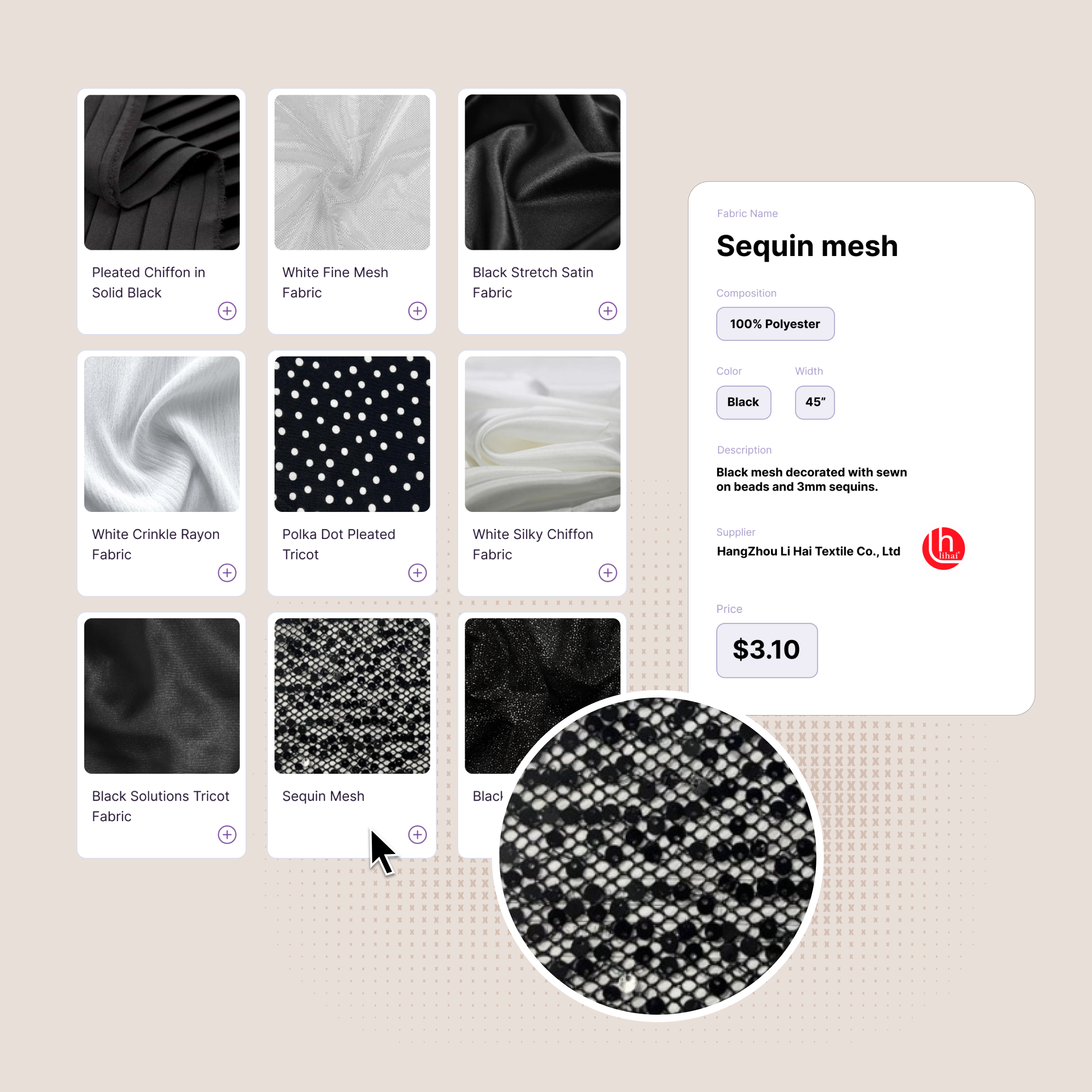 Grid of fabric samples with a zoomed-in view of black sequin mesh fabric, showing detailed bead and sequin decoration.