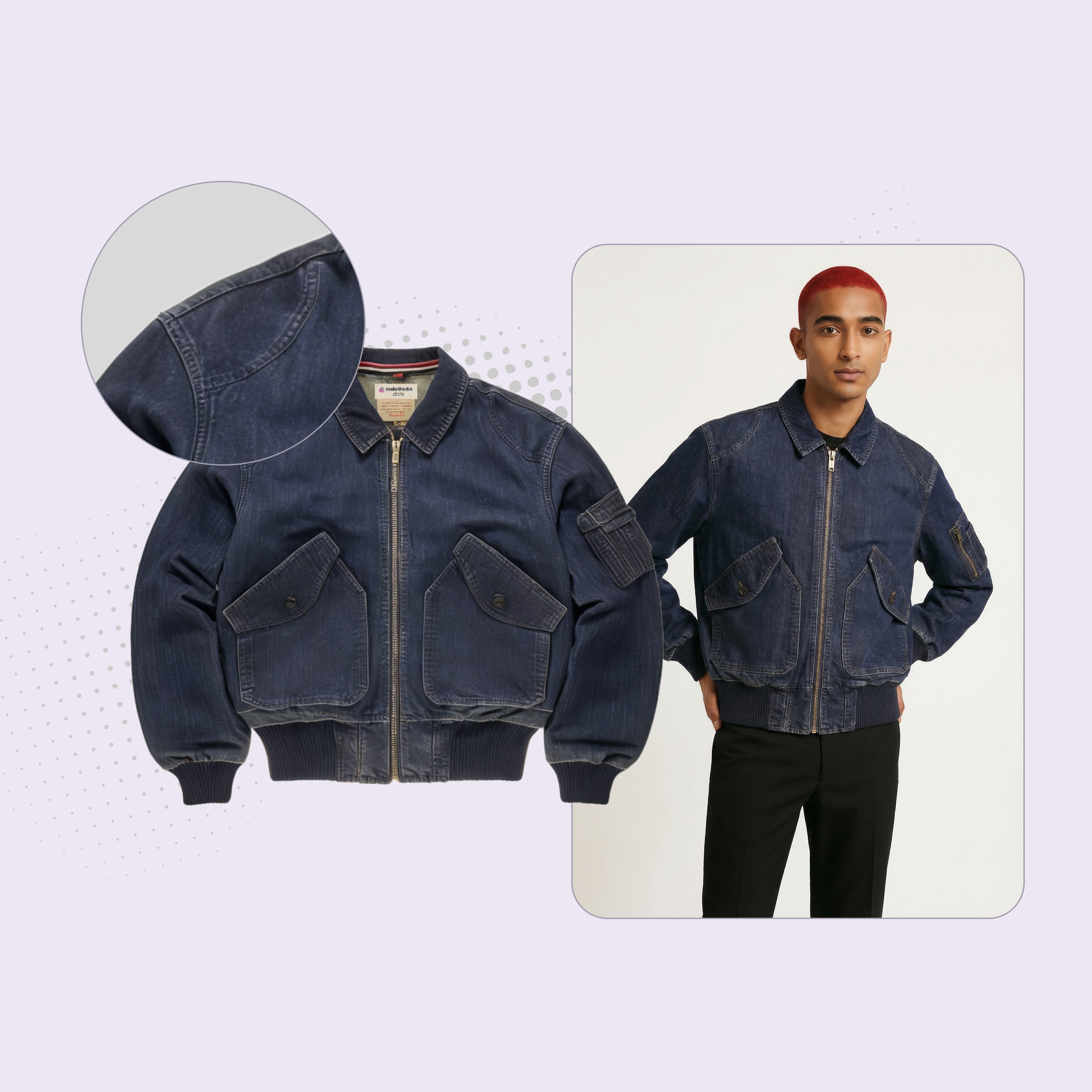 Dark blue denim bomber jacket with large angled front pockets and ribbed cuffs and waistband, shown both laid flat and worn by a model with red hair and black pants.