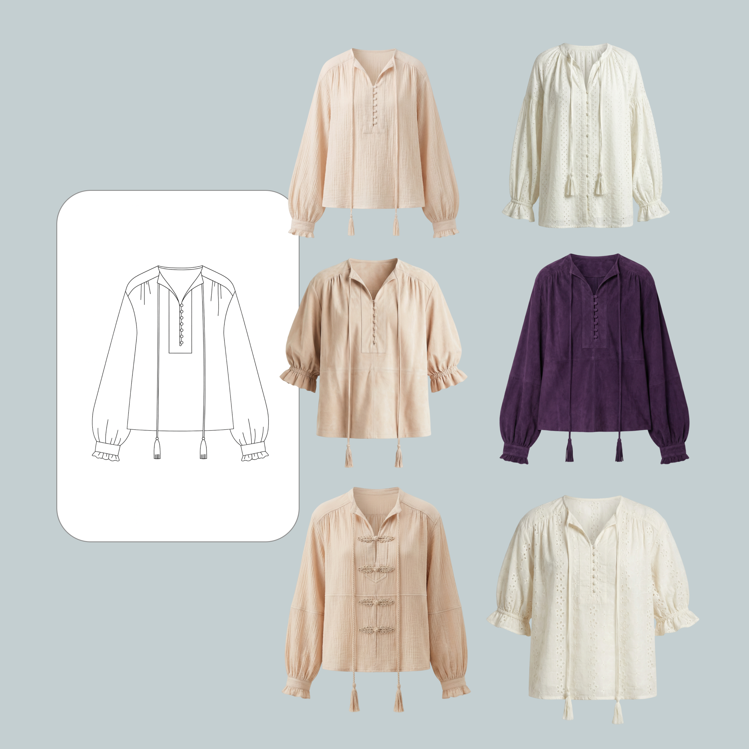 Six long-sleeve blouses in beige, cream, and purple colors with tassels and button details, arranged around a black and white line drawing of a blouse.