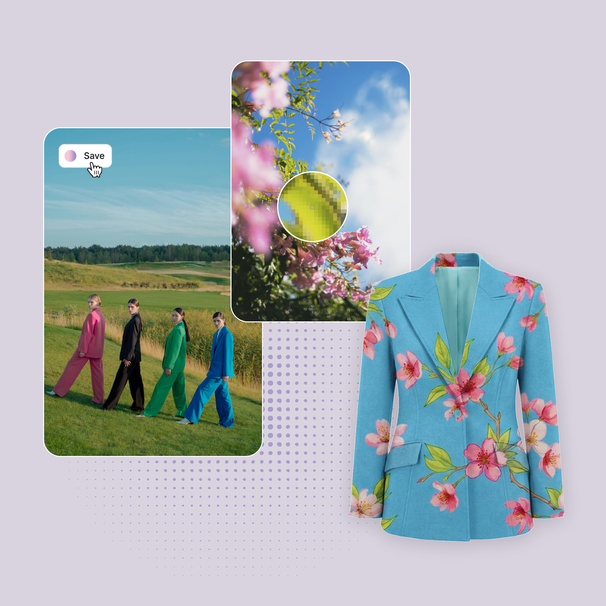 Four women in colorful suits walking on grass with a close-up of pink flowers against a blue sky and a blue floral blazer.