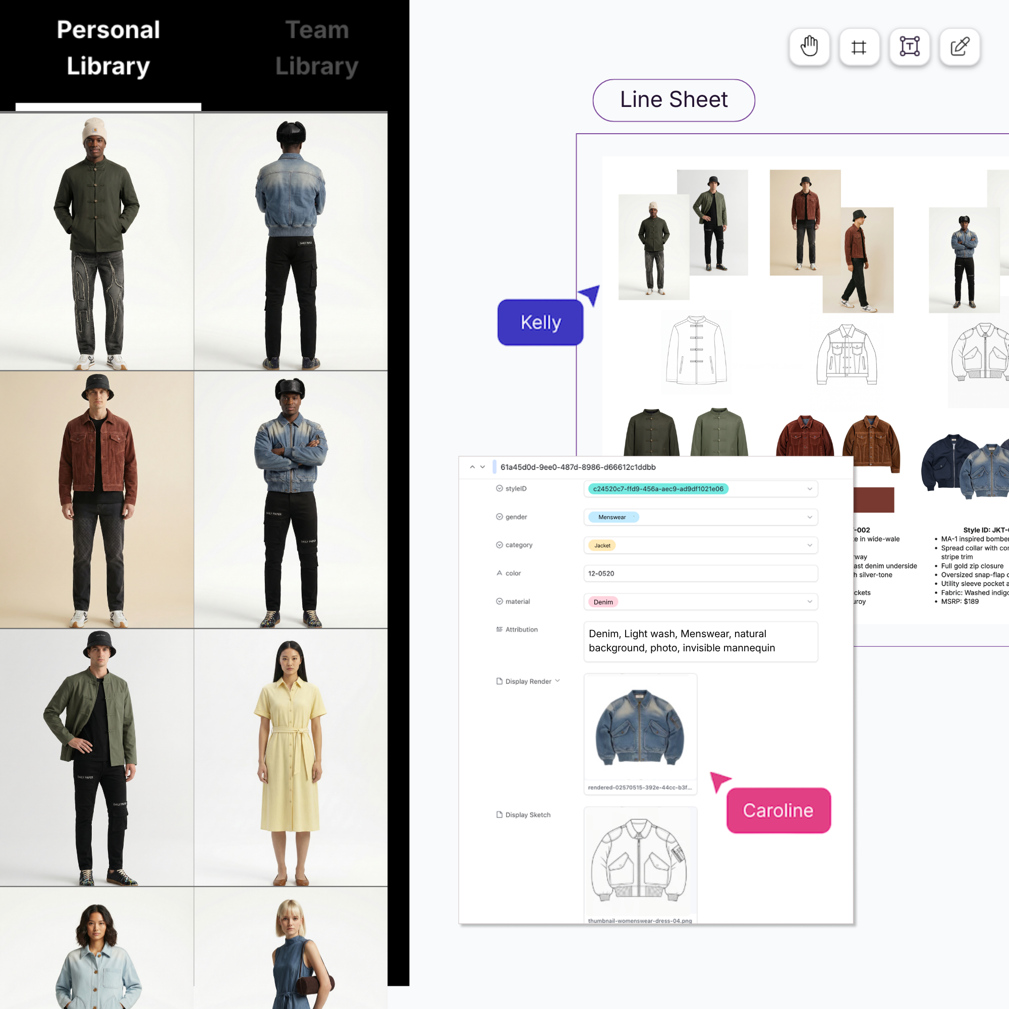 Clothing rack displaying three men's jackets in olive green, beige, and dark denim blue hanging above neatly arranged folded clothes and hanging shirts in a store setting.