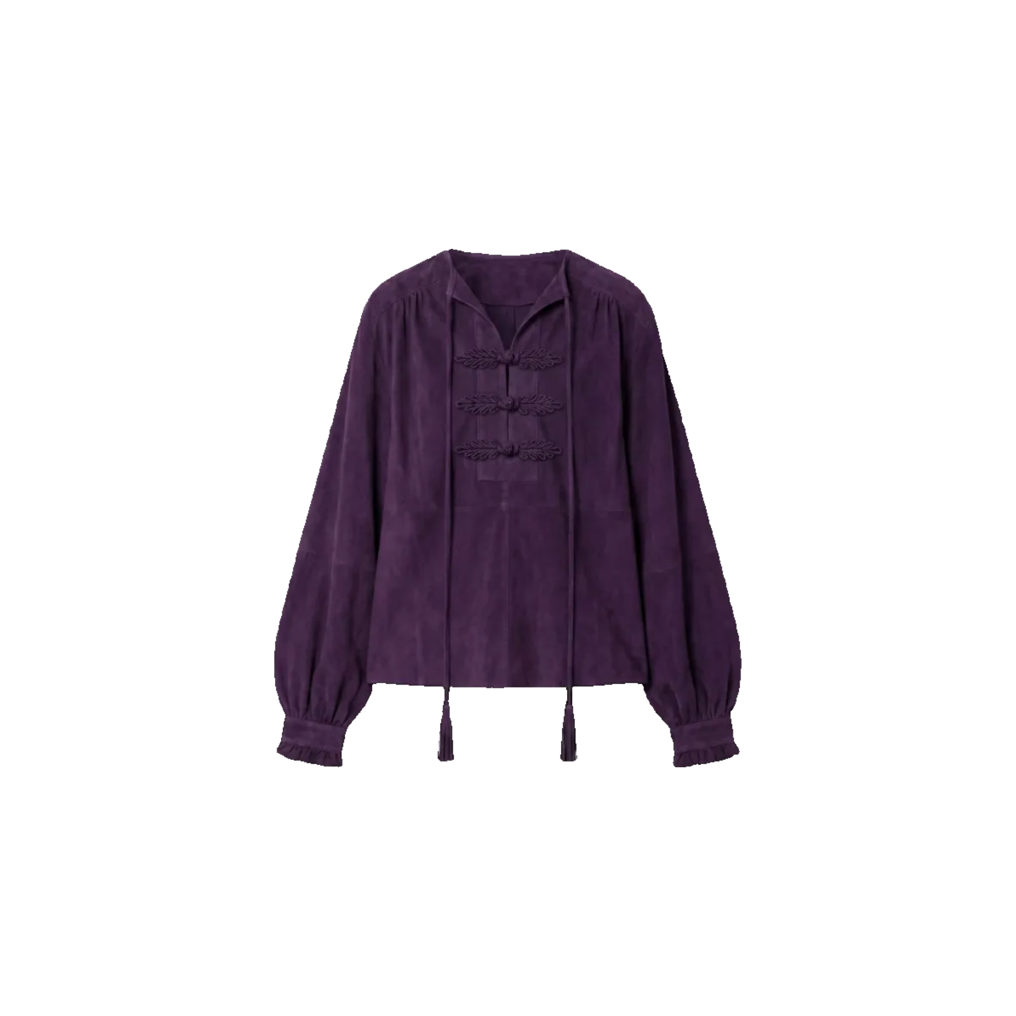Purple long-sleeve blouse with buttons down the front and tassel ties at the neckline.