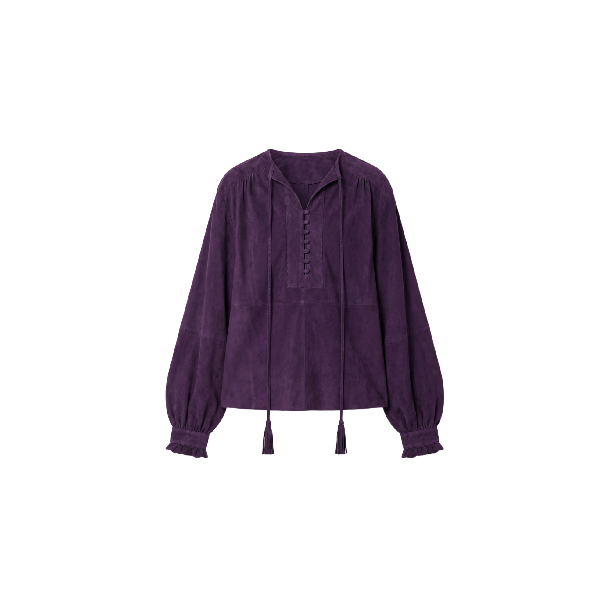 Long-sleeve purple suede blouse with buttoned front and tassel ties.