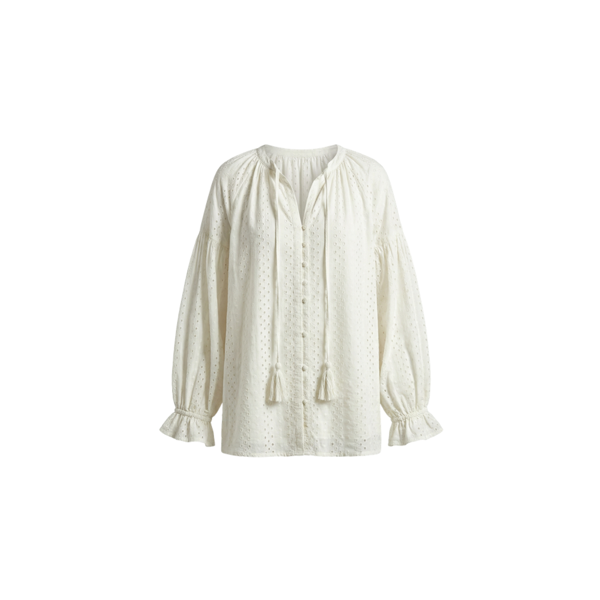 Long-sleeve purple suede blouse with button placket and tassel ties at the neckline.