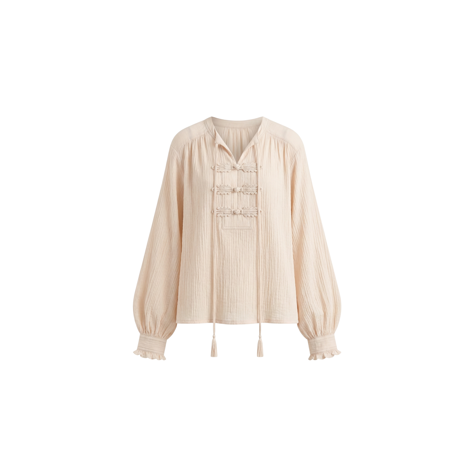 Two beige button-up jackets with large front pockets and collars, displayed side by side on a white background.