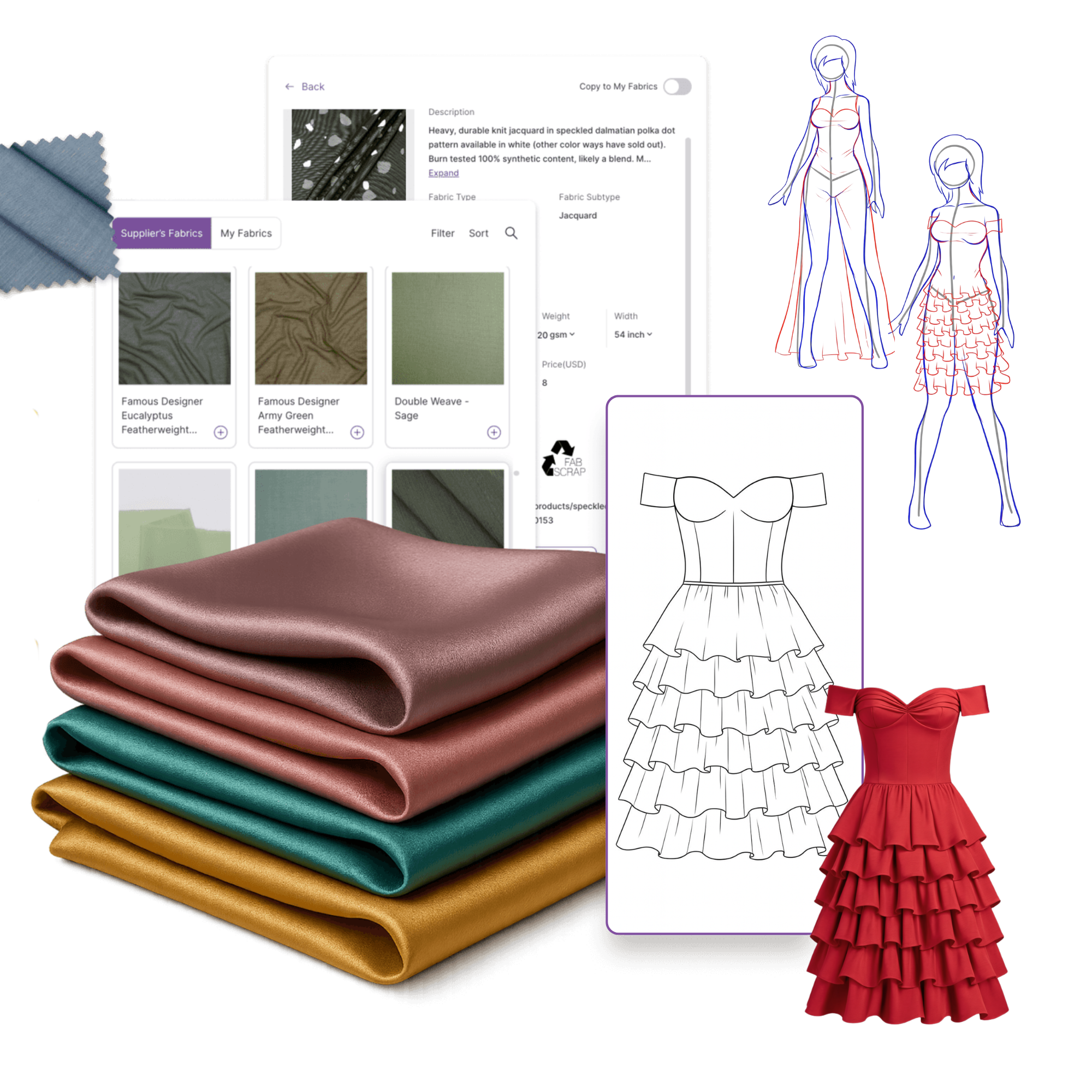 Stack of four colorful satin fabrics in mustard yellow, teal, dusty rose, and mauve with fashion sketches and fabric selection interface in the background.