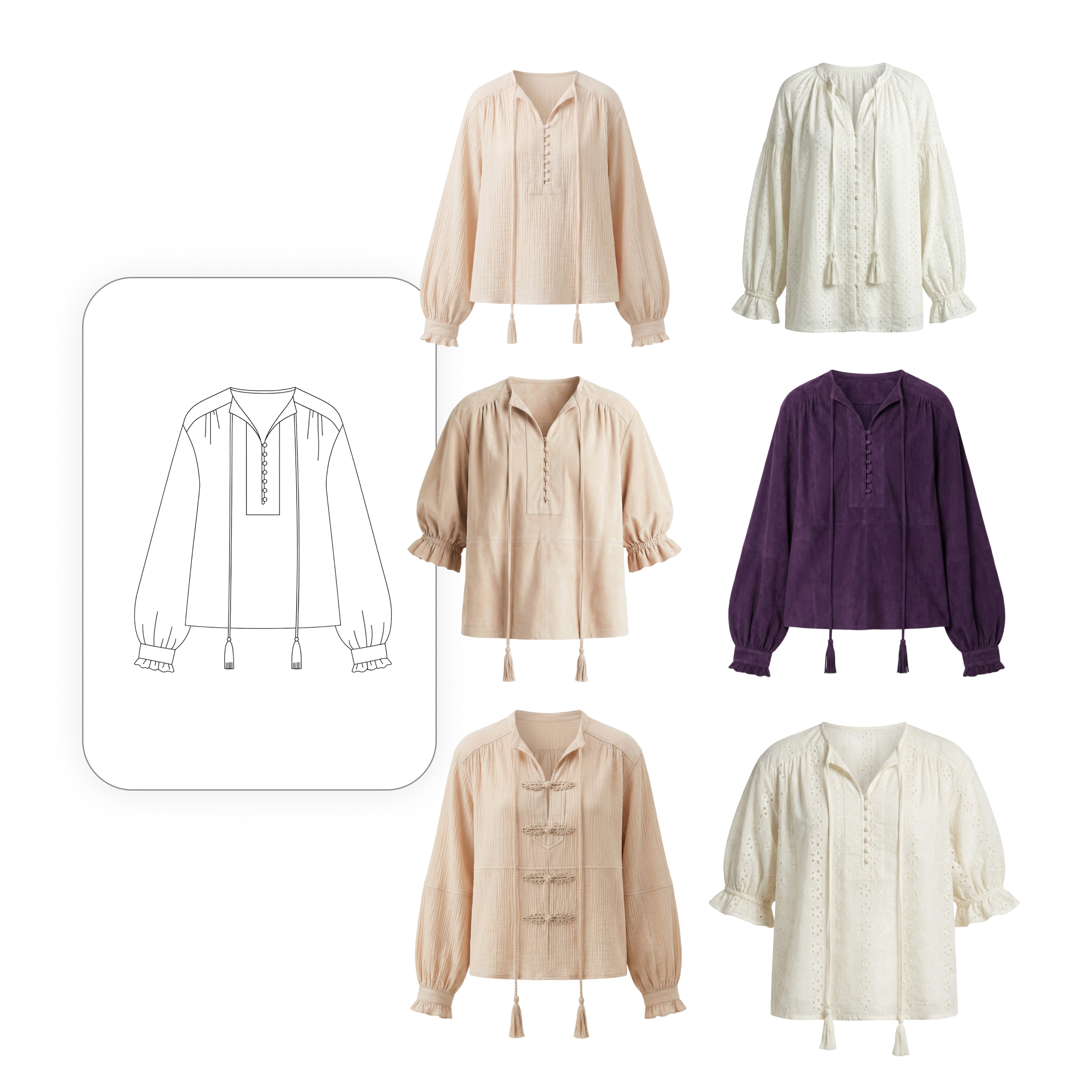 Collage showing six women's blouses in various light beige, white, and dark purple shades with puffed long or three-quarter sleeves and button or tassel details, alongside a black and white sketch of one blouse design.