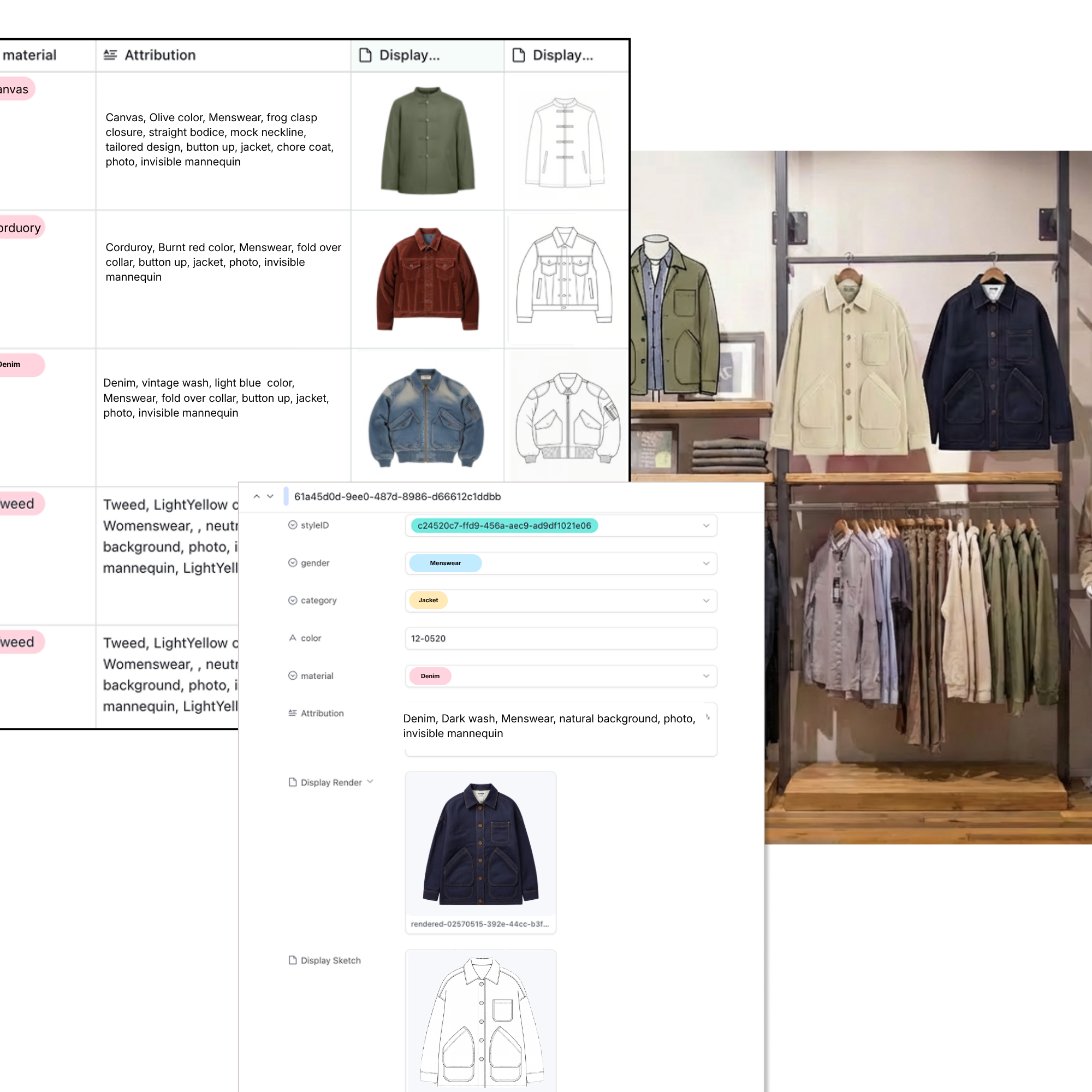Retail display with jackets in olive, cream, and dark blue hanging on a metal rack above shirts and pants.