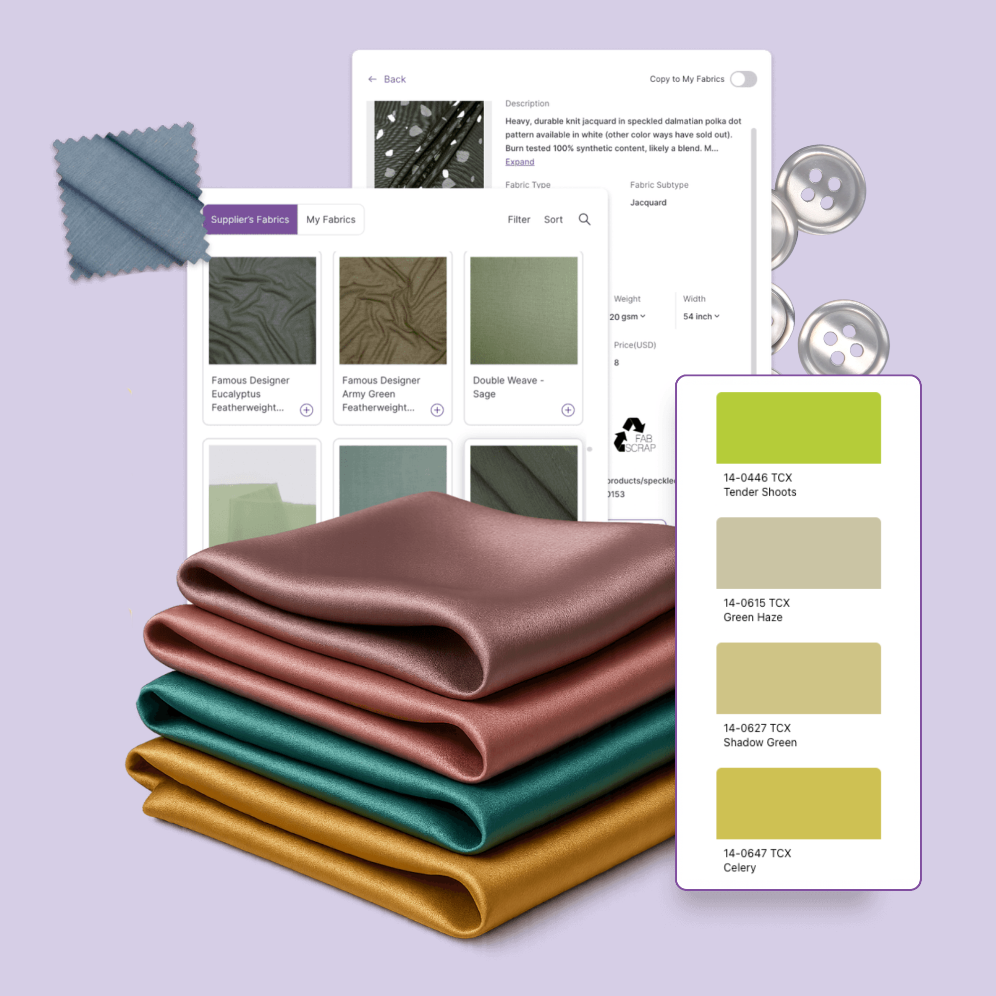 Digital interface showing fabric samples with a stack of four folded satin fabrics in pink, teal, and gold, alongside color swatches labeled Tender Shoots, Green Haze, Shadow Green, and Celery, with silver buttons and a fabric scrap swatch on a light purple background.