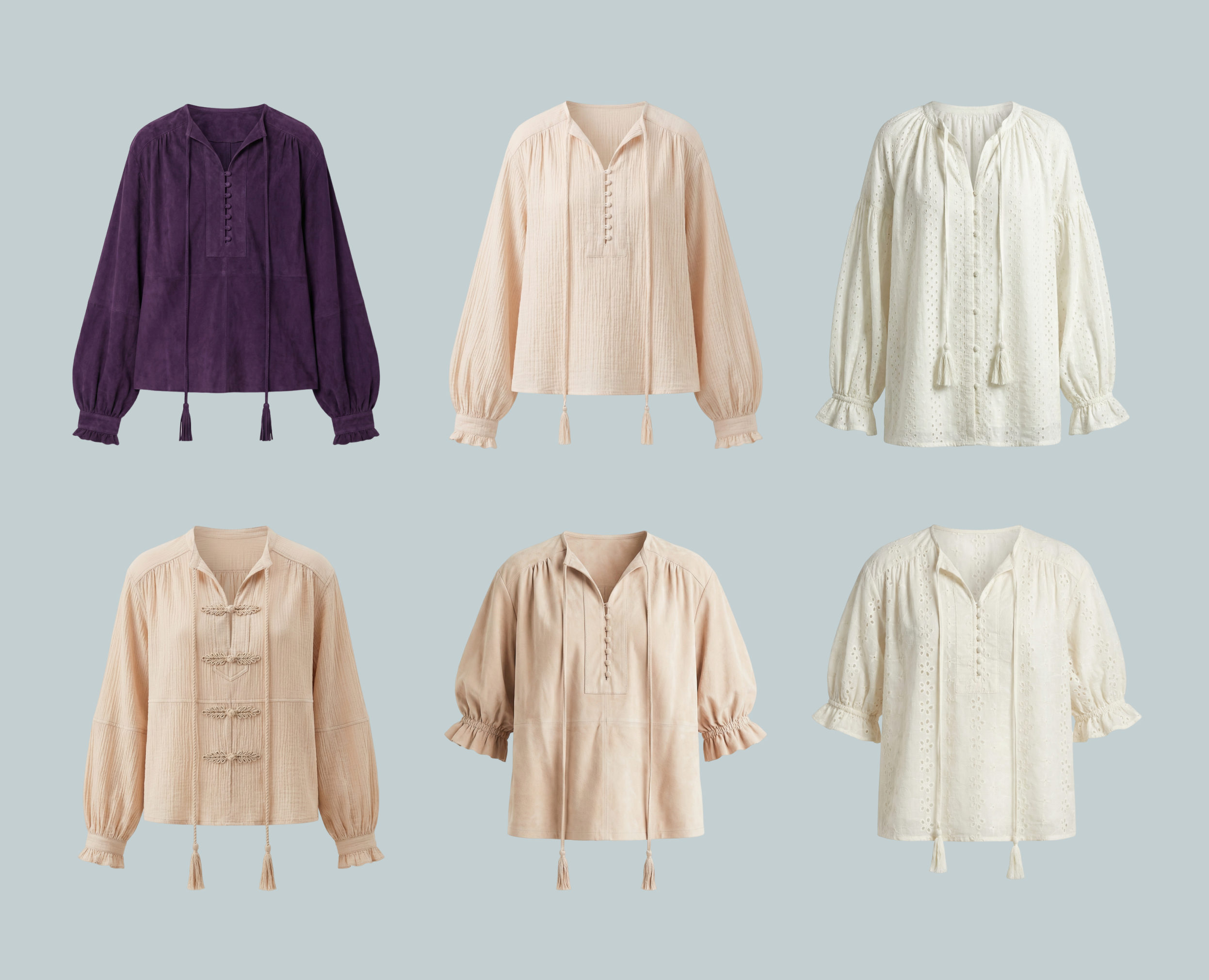 Six women's blouses in pastel colors with long puffed sleeves and button or tassel details, arranged in two rows on a light gray background.