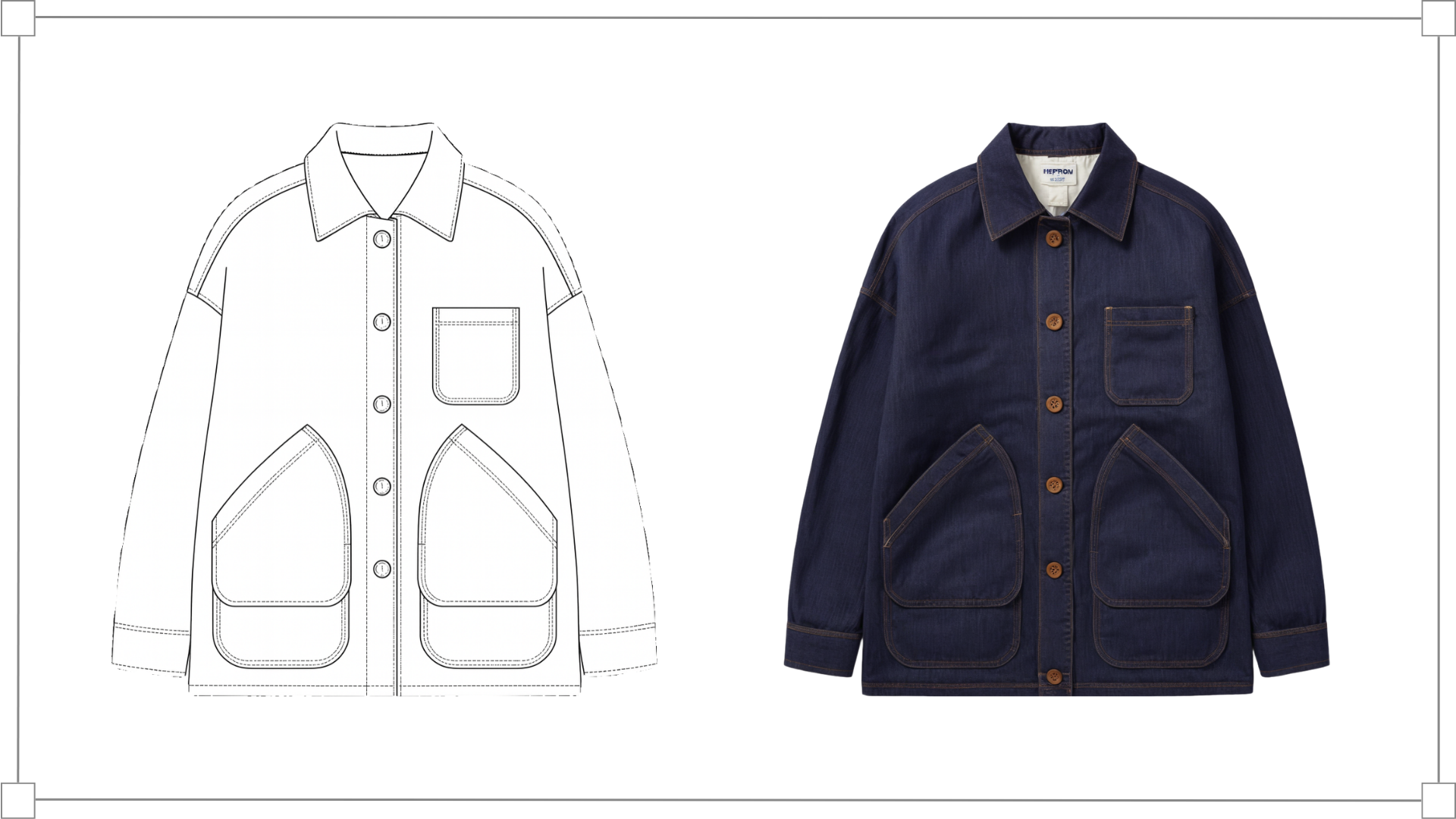 Side-by-side view of a denim jacket: left is a technical line drawing, right is the actual navy blue jacket with brown buttons and large front pockets.