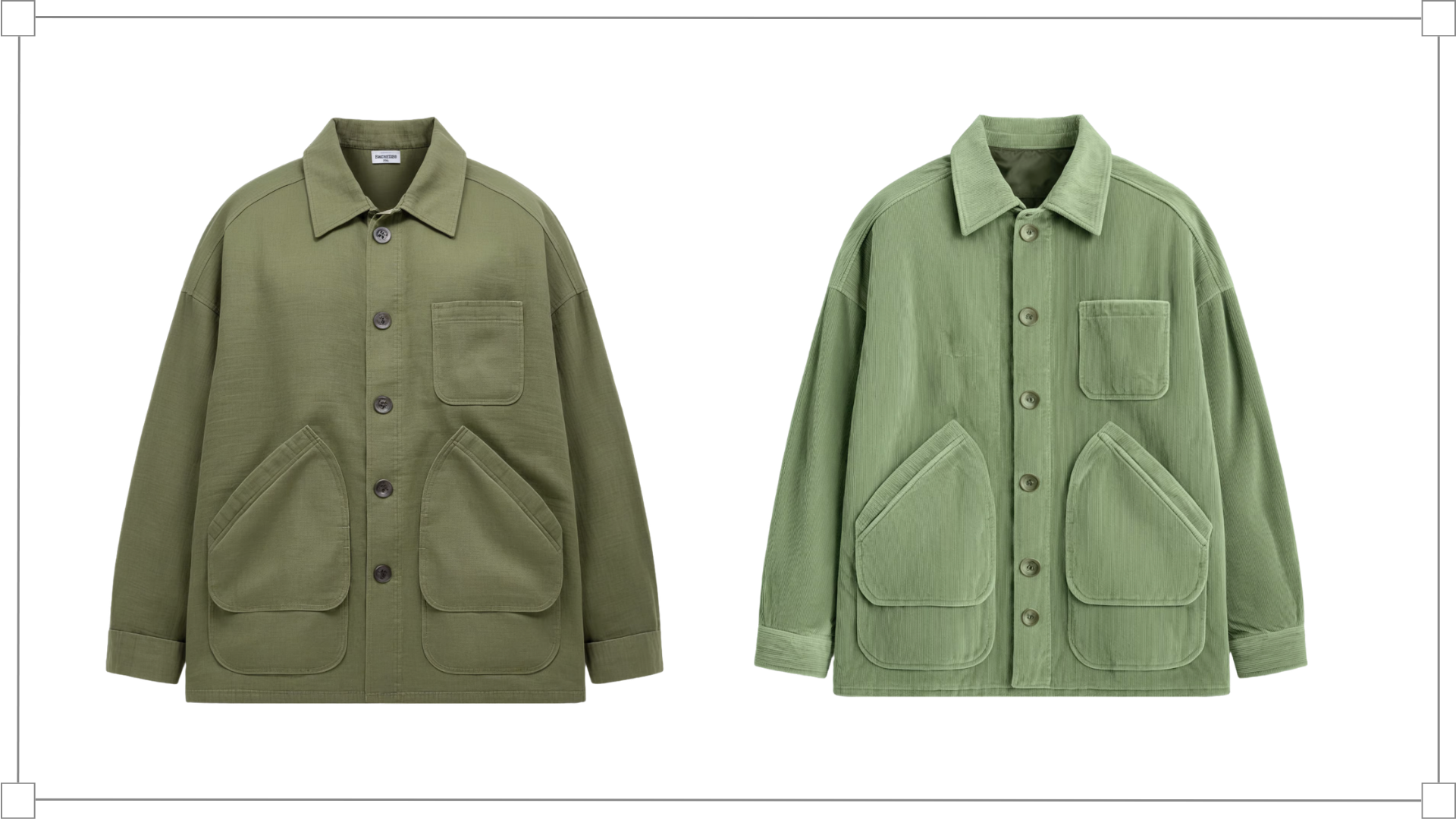 Two olive green button-up jackets with large flap pockets and chest pockets, displayed side by side on a white background.