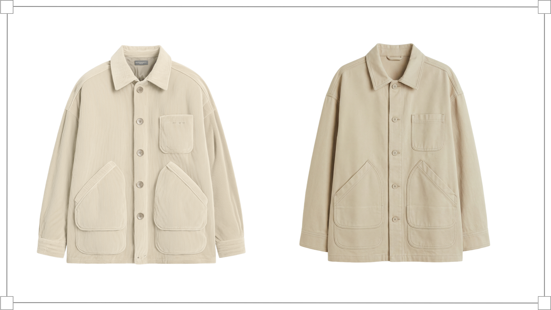 Two beige jackets side by side, each with a collar, button closure, and large front pockets on a white background.