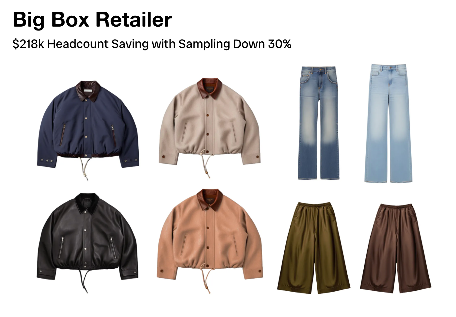 Collection of various jackets including a line drawing, denim, black, white, camouflage, gray, and denim shirt jacket with color swatches.