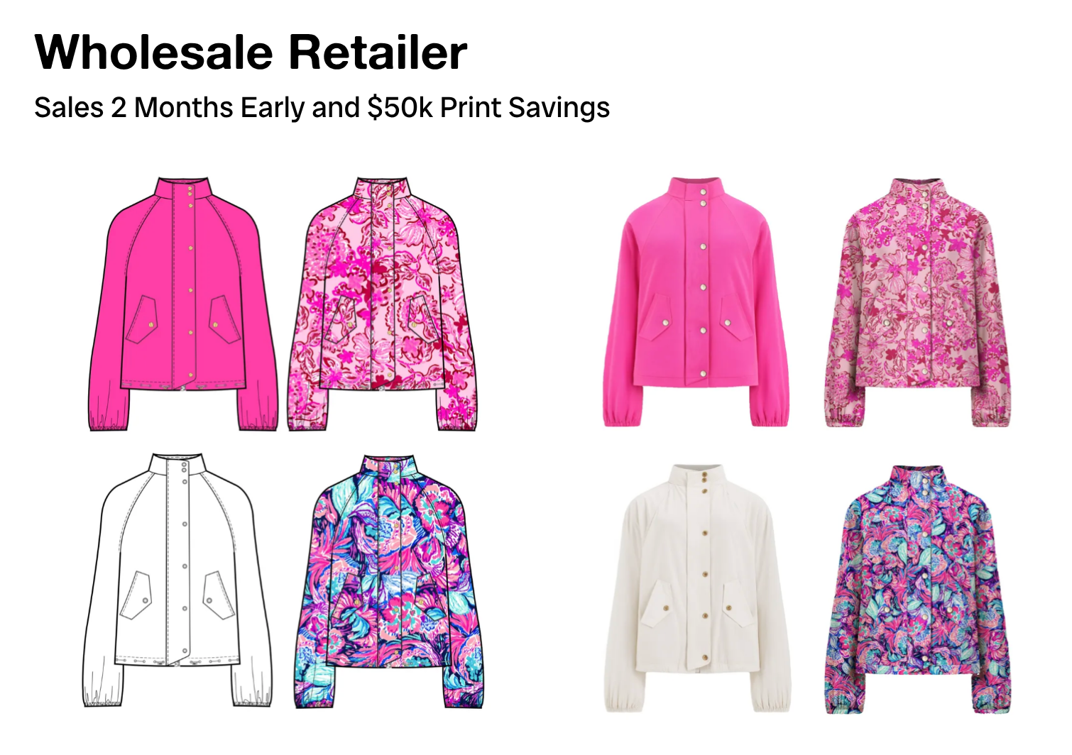 Technical drawing and photos of eight pairs of cropped pants in various colors and patterns, laid flat on a white background.