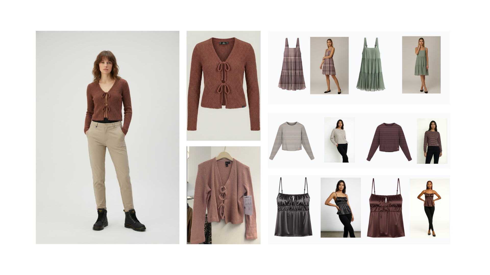 Collage of women's clothing including a brown knit cardigan worn by a model and on a hanger, two plaid and green sleeveless dresses shown alone and worn, striped long sleeve shirts in beige and maroon with models, and black satin camisoles displayed and worn by models.