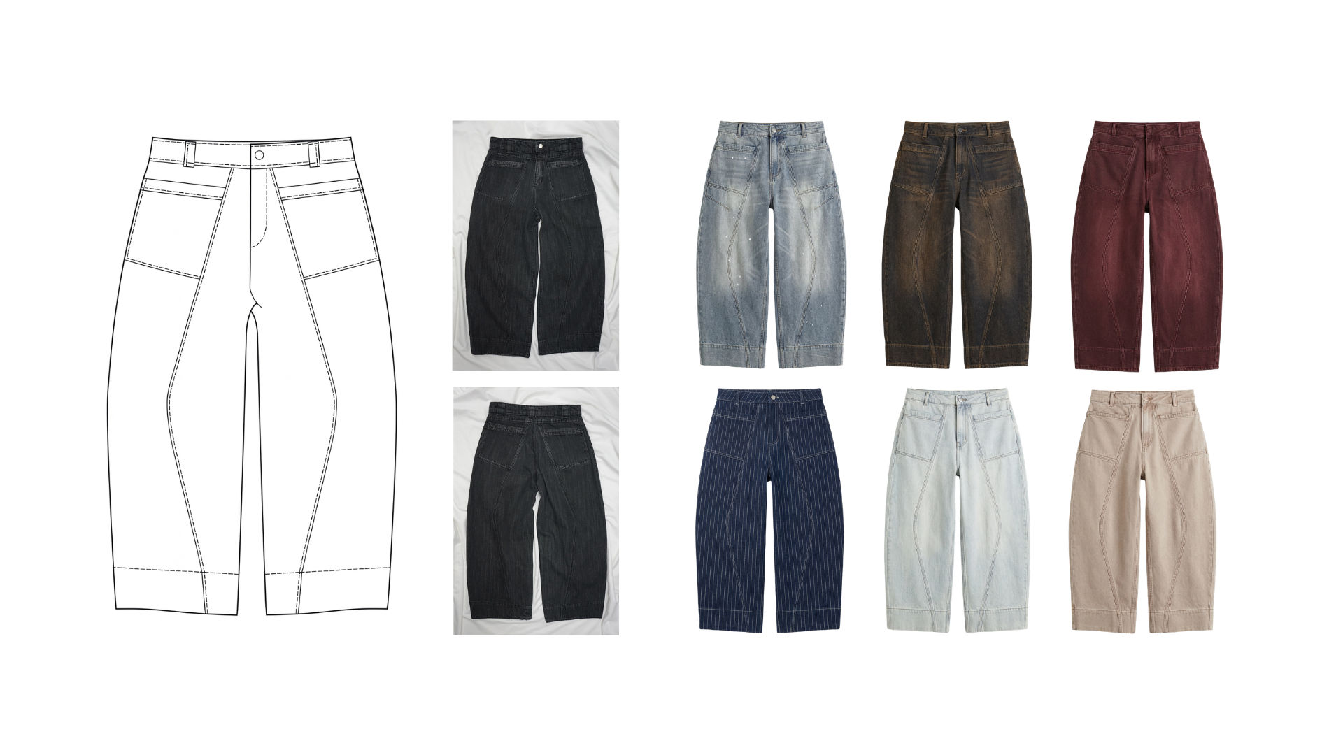 Technical sketch of wide-leg pants with patch pockets alongside eight photos showing the front and back views of the pants in various colors and washes including black, faded blue, brown, maroon, dark pinstripe, light blue, and beige.