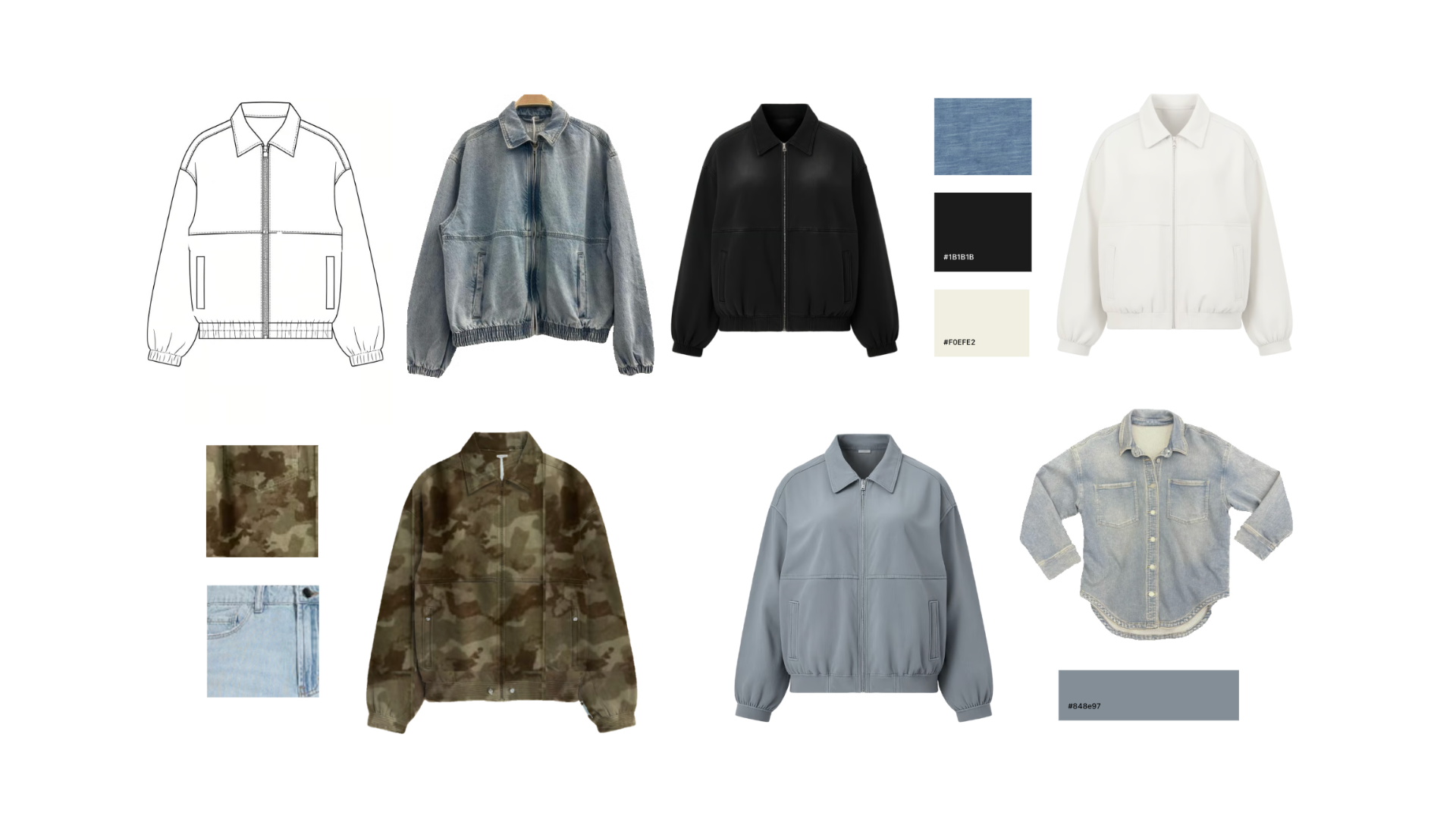 Collection of various styled jackets including a denim jacket, black bomber jacket, white zip-up jacket, camo jacket, light blue zip-up jacket, and denim button-up shirt with fabric color swatches.