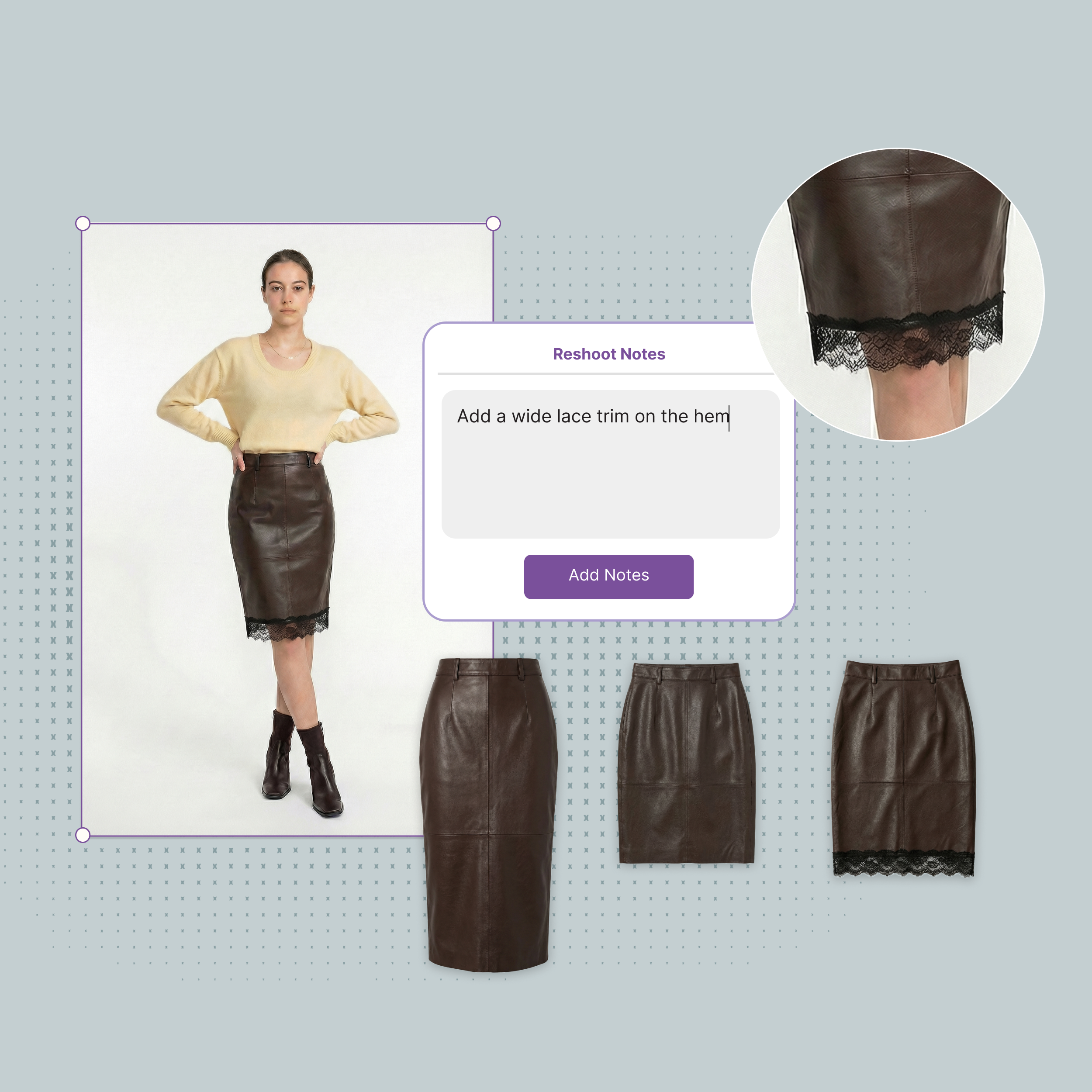 Woman wearing a brown leather skirt with black lace trim on the hem, accompanied by images of the skirt before and after adding lace trim and a note saying 'Add a wide lace trim on the hem'.