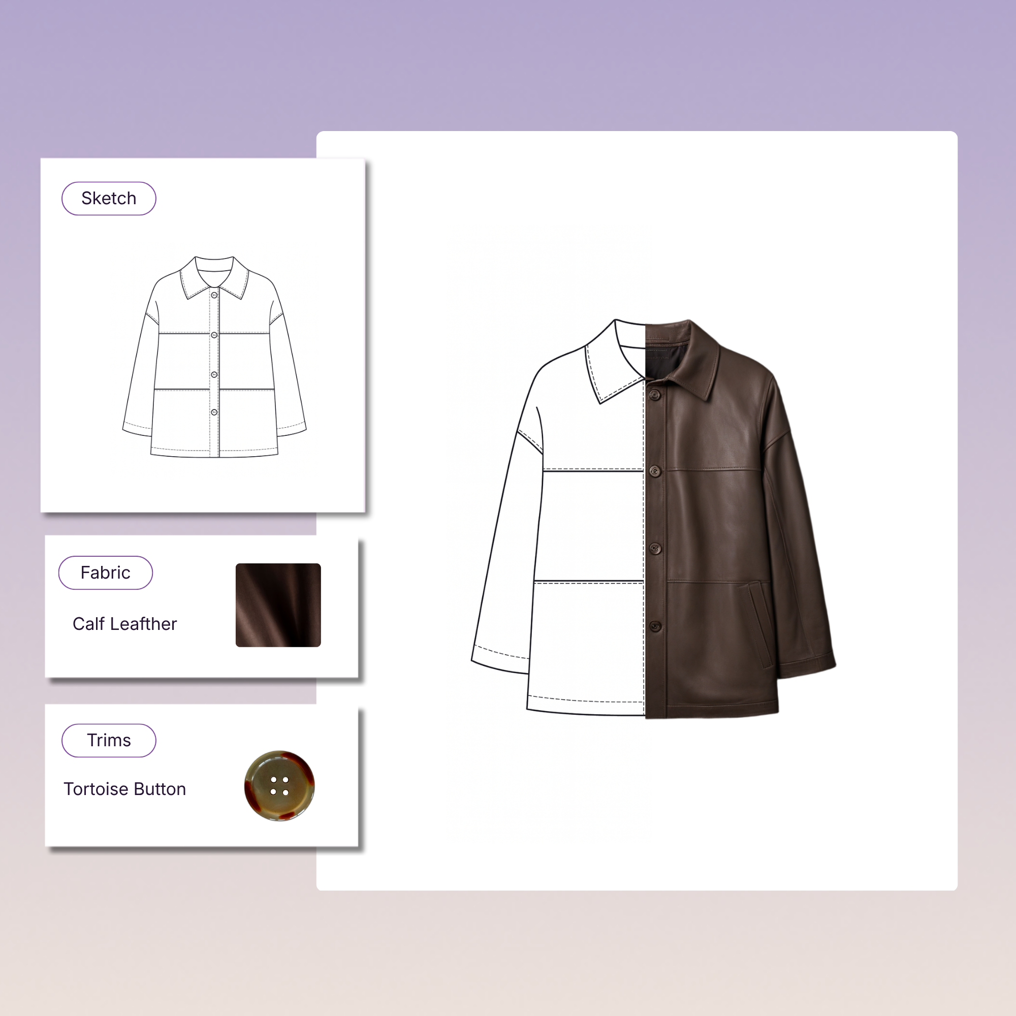 Half sketch and half photo of a brown calf leather jacket with tortoise buttons, showing fabric and trim details.