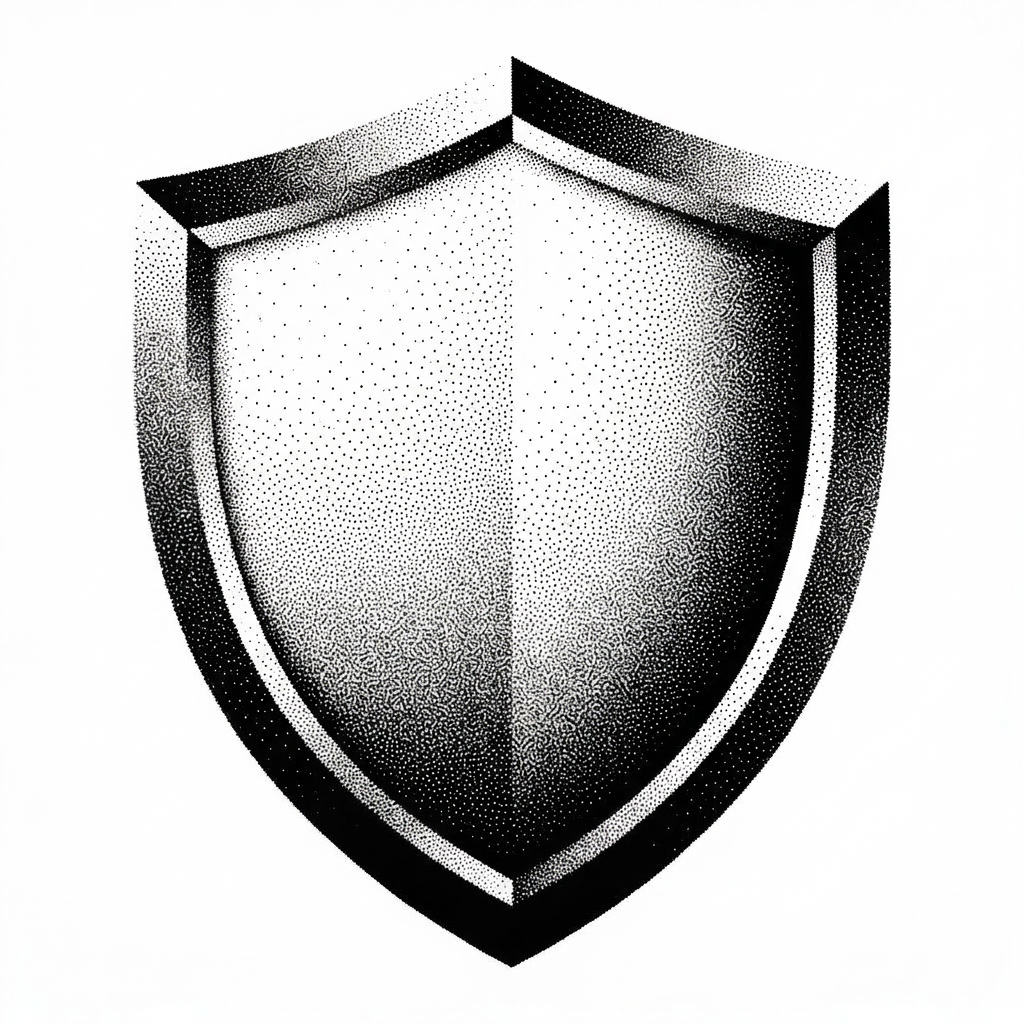 Black and white shield graphic with dotted shading creating a three-dimensional effect.